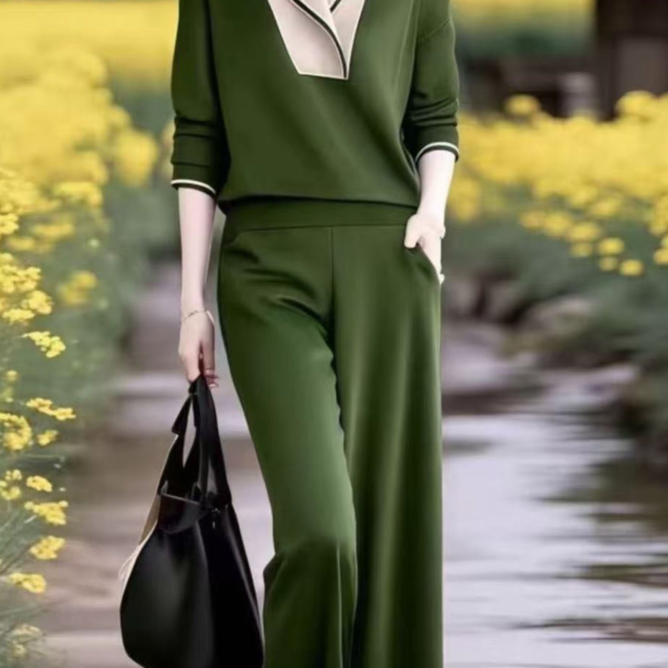 TEMU Women's 2pcs Set: Color- Spliced Top With High-waisted, Elegant Straight-leg Casual Pants