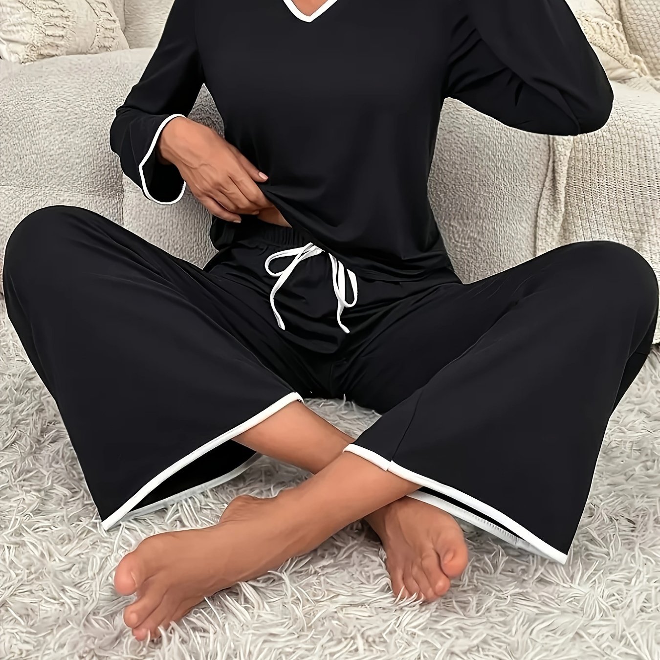 Fall Winter Comfortable Solid V-neck Long Sleeve And Pants Wear Set