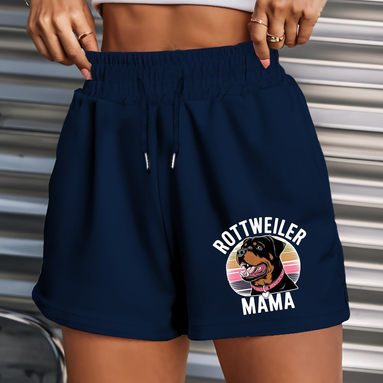 TEMU Rottweiler Mama Women's Casual Summer Shorts With Elastic Waistband & Drawstring - Lettering & Rottweiler Graphic Print, Light Beige Relaxed Fit