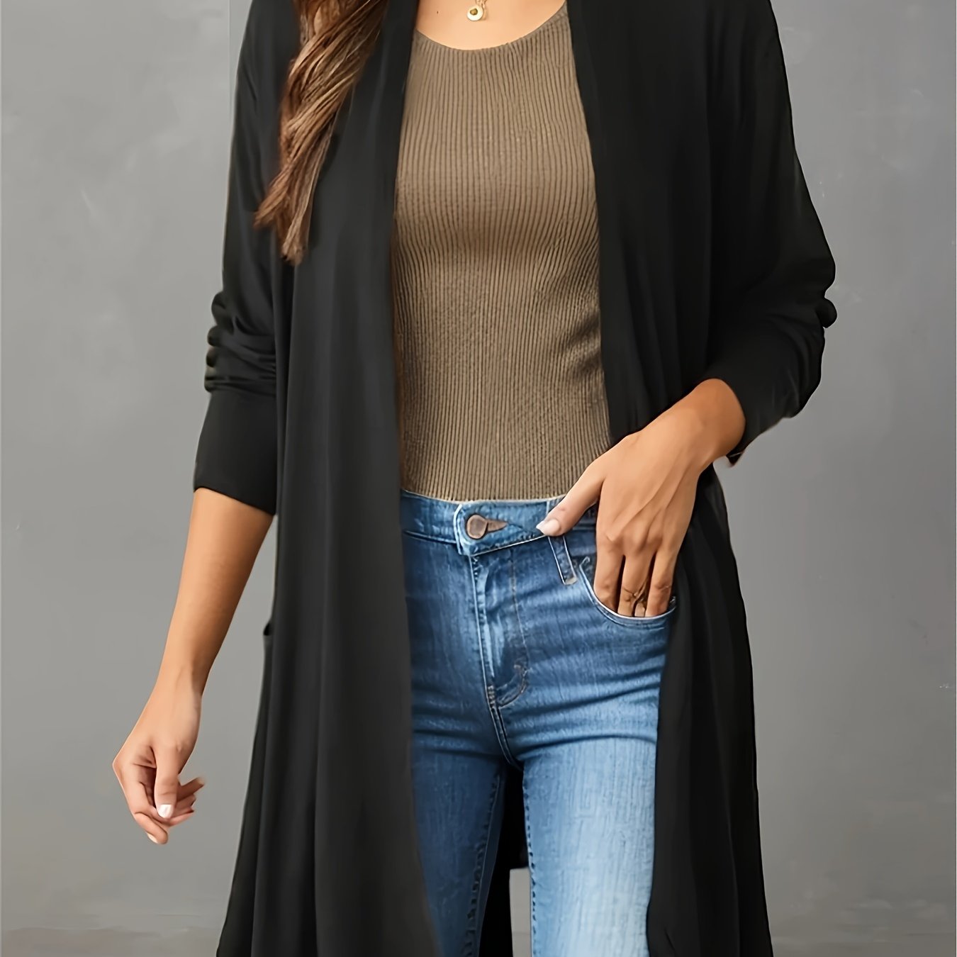 TEMU Solid Color Open Front Cardigan, Lightweight Long Sleeve Mid-length Top For Spring & Fall, Women's Clothing