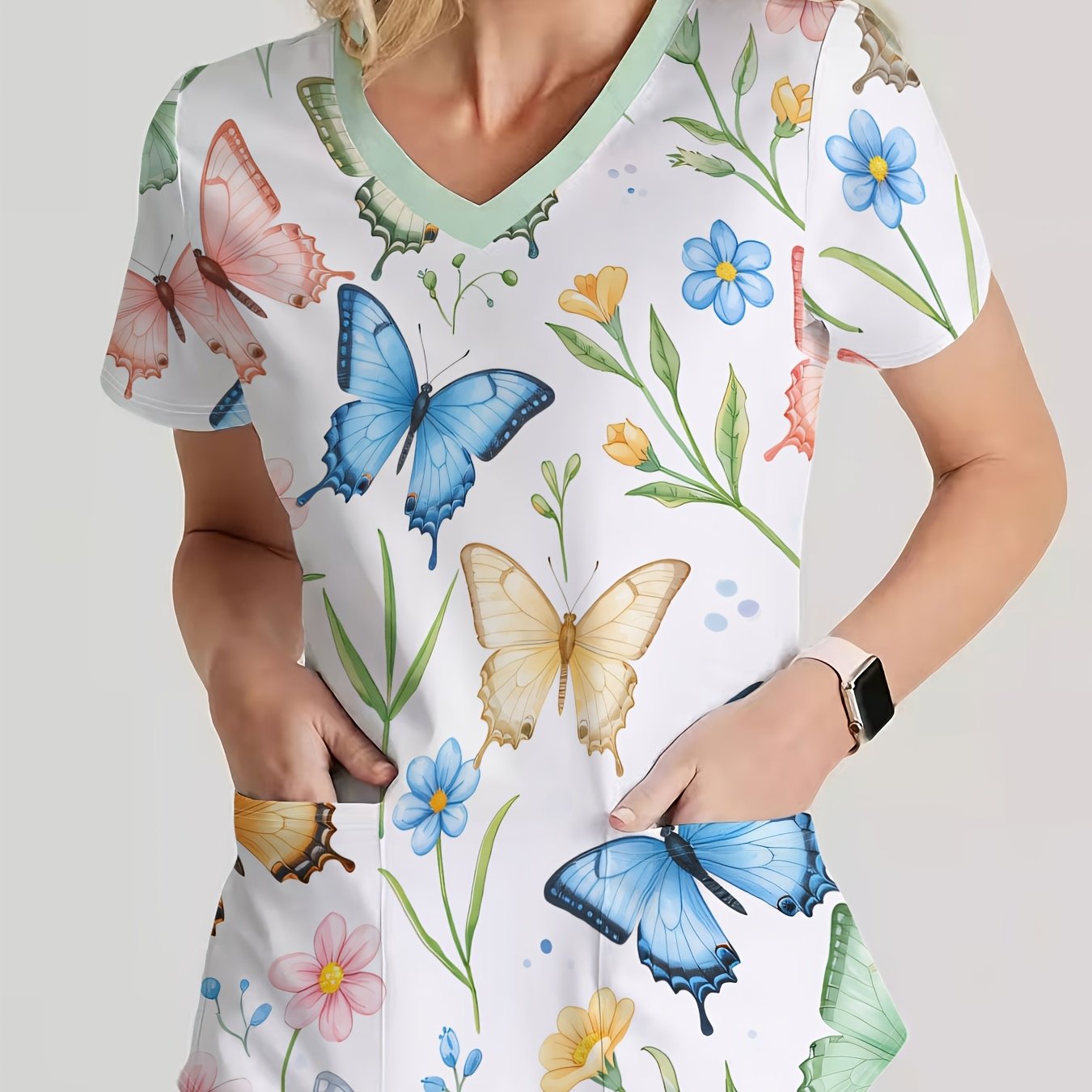 TEMU Cute Printed Women's Short Sleeve V-neck T-shirt - Comfortable Care Top With Colorful Butterflies And Floral Patterns | Machine Washable,