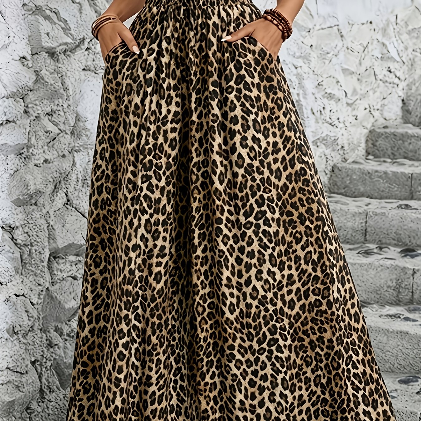TEMU Women's Leopard Print Wide-leg Pants With Elastic Waist - Retro Bohemian Wide-leg Trousers Suitable For Casual Vacation Outfits, Loose Flowing