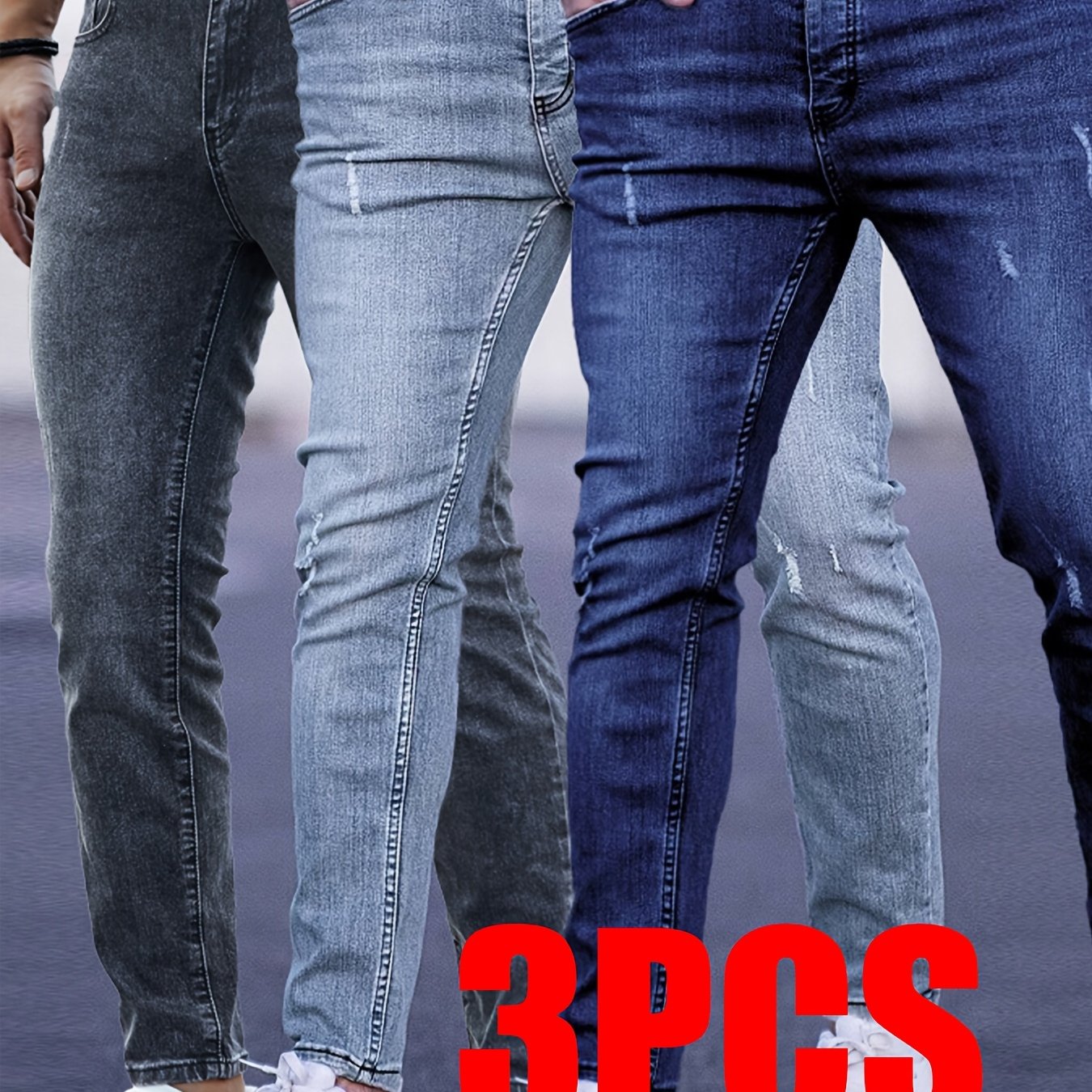 3pcs Men's Casual Slim Fit Elastic Denim Jeans, Medium Stretch, Solid Color, Regular Length, Washed Details, Wear