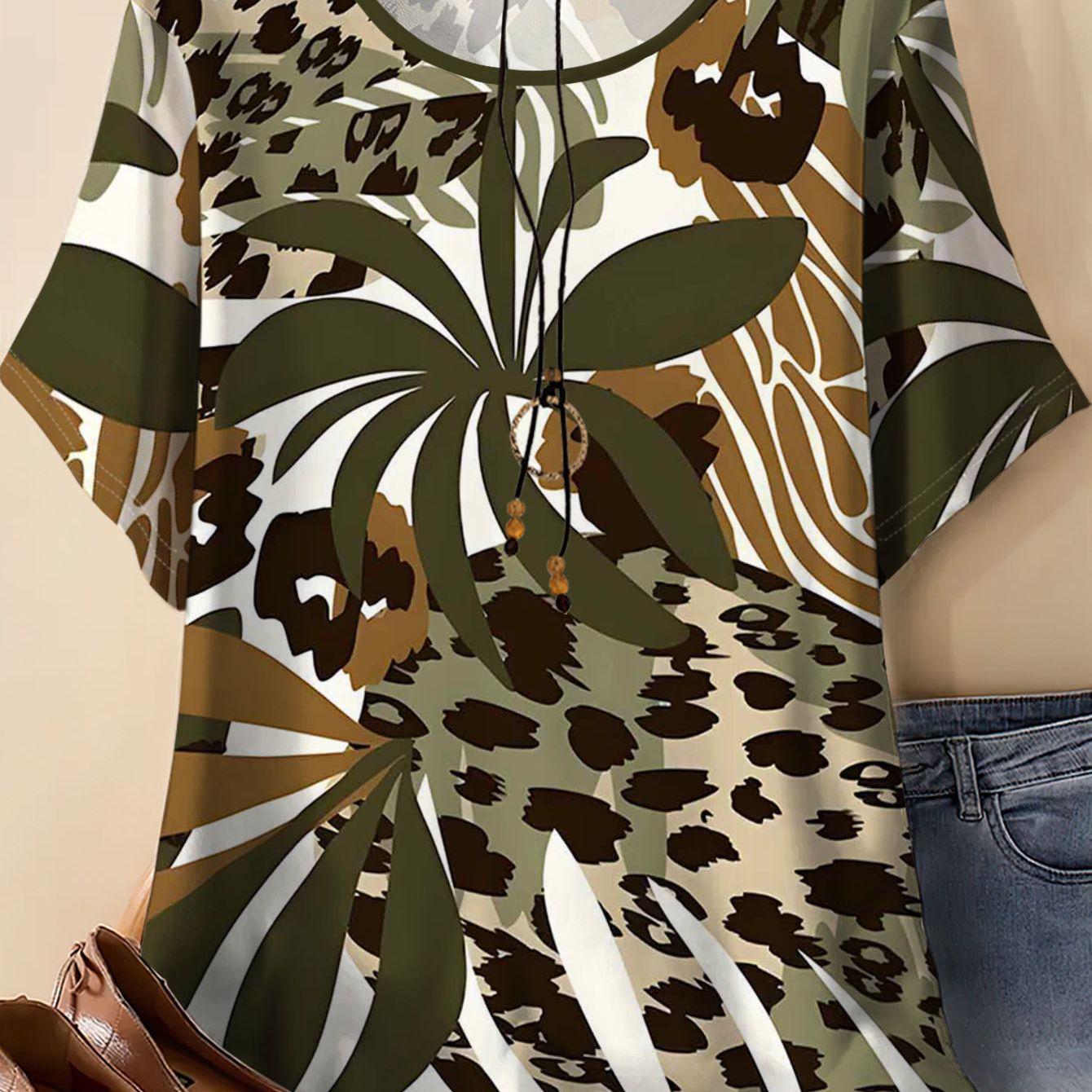 TEMU Women's Plus Size Leopard Green Leaf Print Loose Short Sleeve T-shirt, Women's Casual Top Fashion Versatile Style