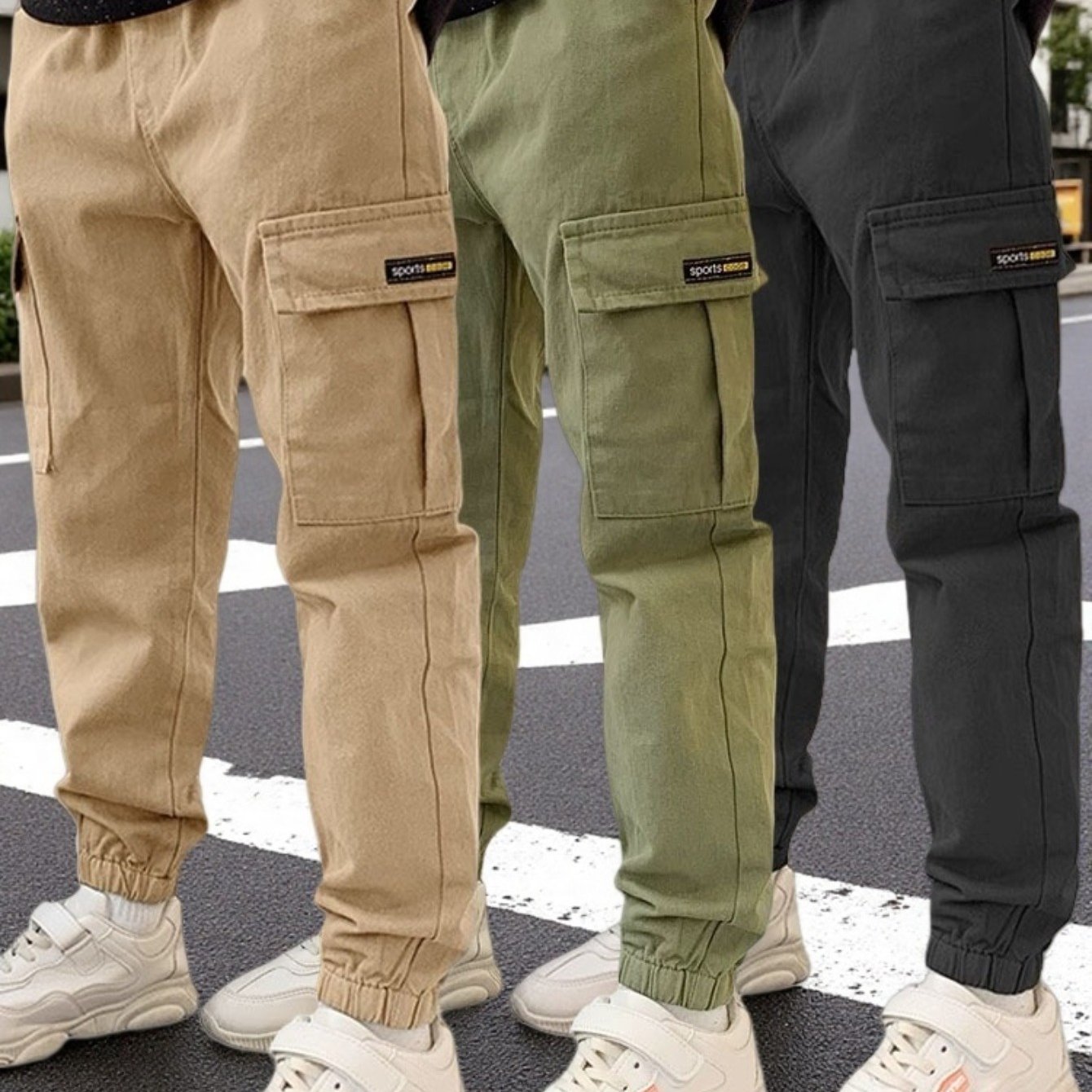 Image of 3pcs Boy Simple Casual Outdoor Workout Sports Multi-pocket Ankle-tied Cargo Pants, Suitable For Spring And Autumn, Perfect For Outdoor, Back To School Essentials