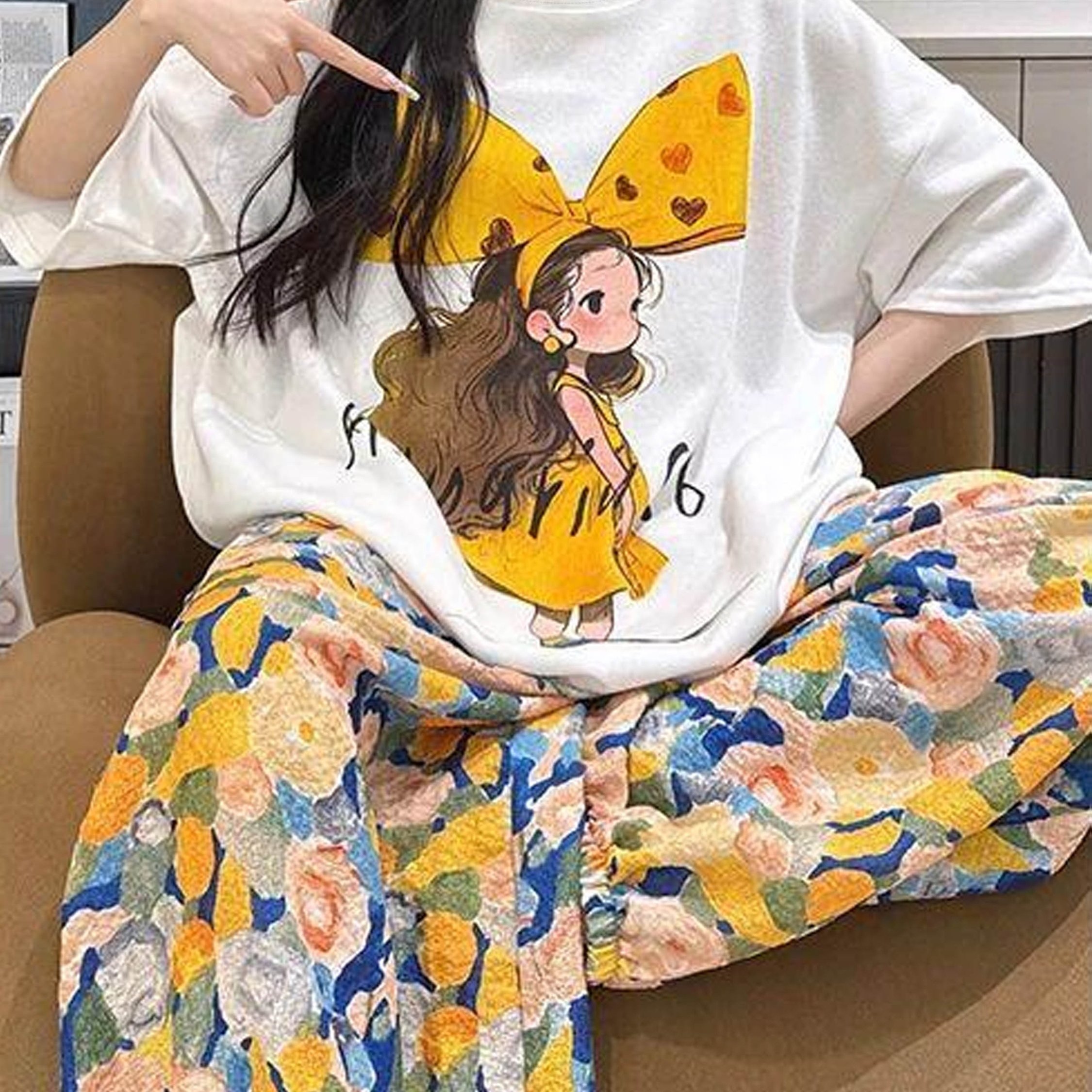 TEMU Cartoon Little In Yellow Dress With Yellow Bow Comfortable Casual Set, White Short Sleeve Top And Floral Pants - Tapered, Cloud - Asian Size
