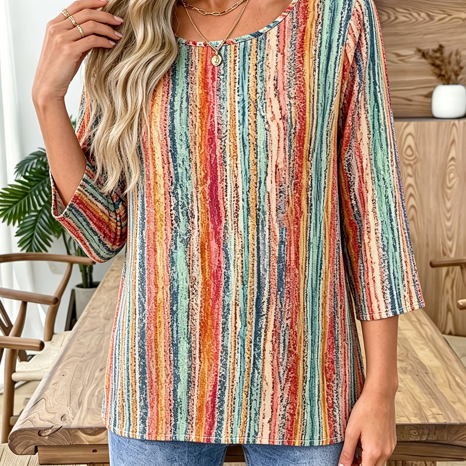 TEMU Women's Fashion Elegant Casual Floral Print Mid-sleeve Shirt T-shirt Top