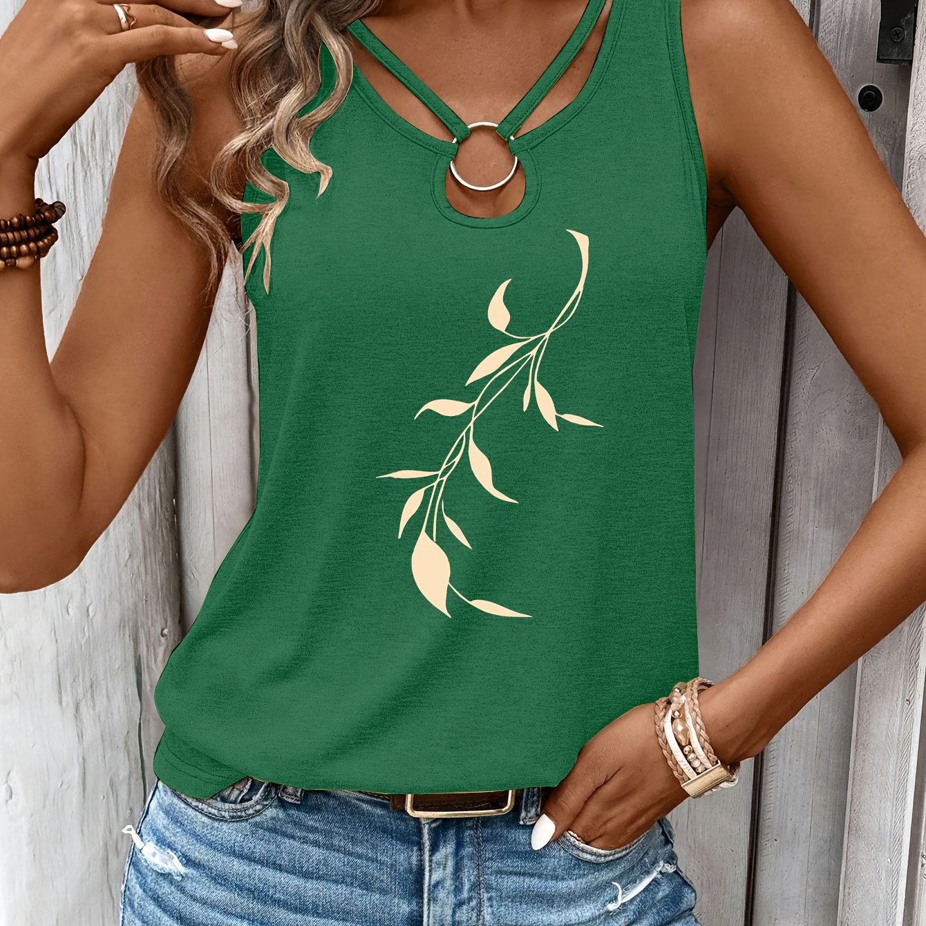 TEMU Sleeveless V-neck Tank Top With Plant Silhouette Print | With Cut-out Design, Perfect For Look With Jeans Or Shorts