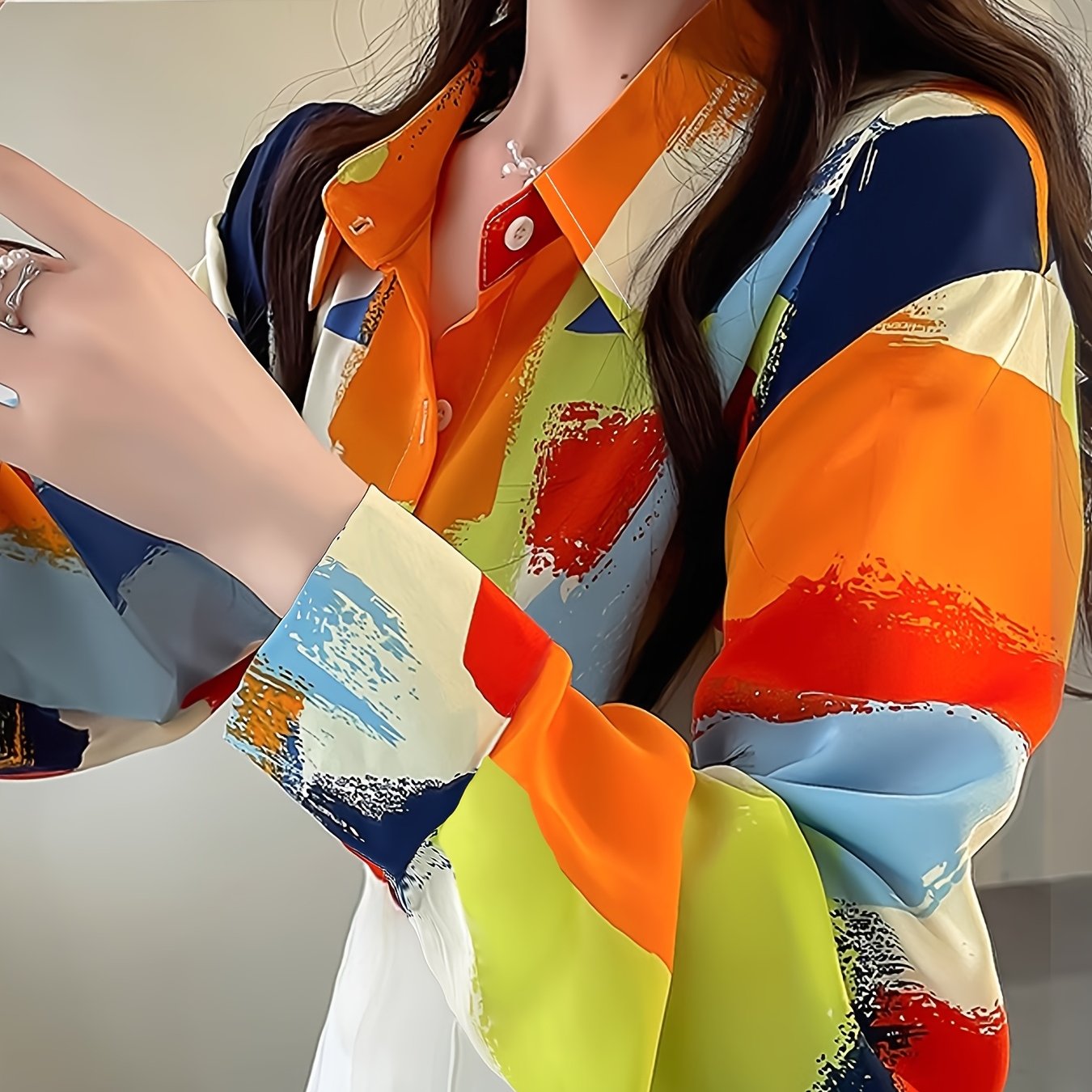 TEMU 【商品名】ペイント マルチカラー プリント ブラウス レディース 長袖 気質 ラペル ポロシャツ トップス レディース トップ シングルボタン