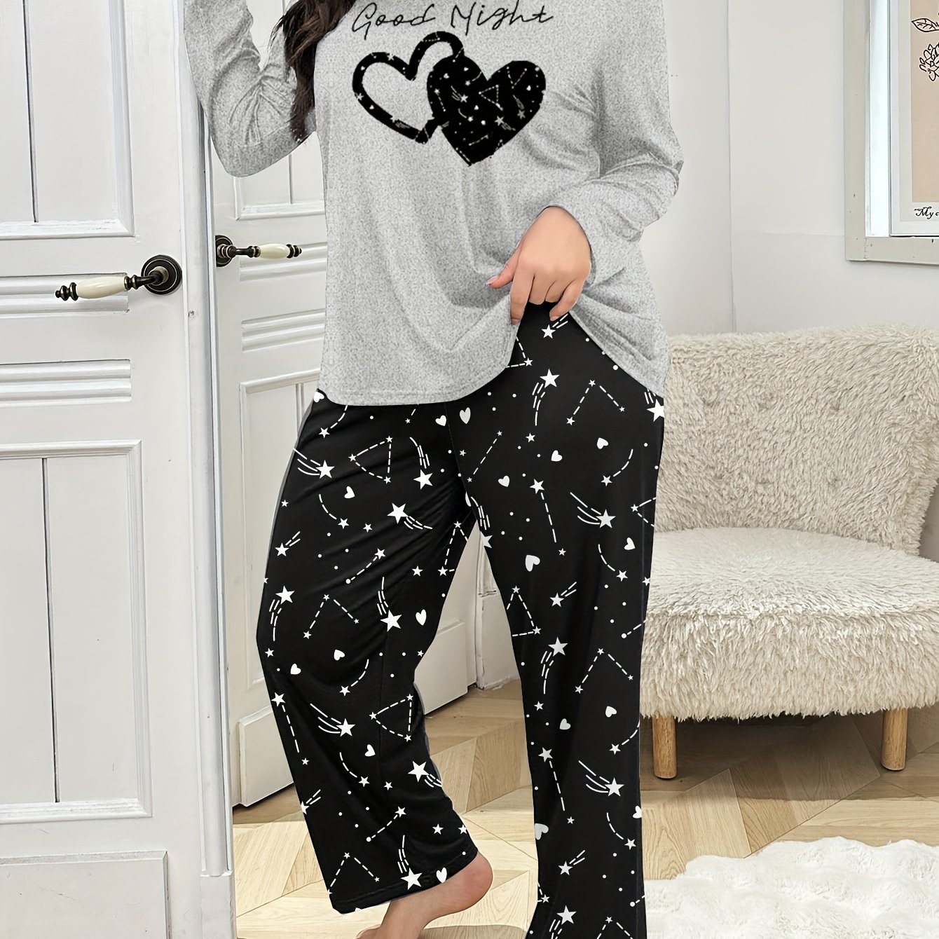 Image of Plus Size Autumn/winter Women's Pajamas With Cartoon Sweet Heart And Long Sleeve Set