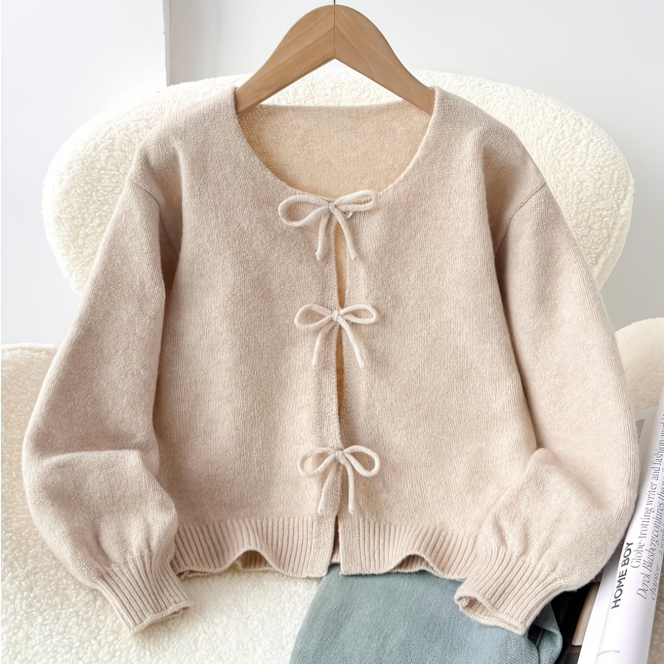 Image of Teen Girl's Loose Casual Minimalist Comfortable Round Neck Long Sleeve Bow Cardigan