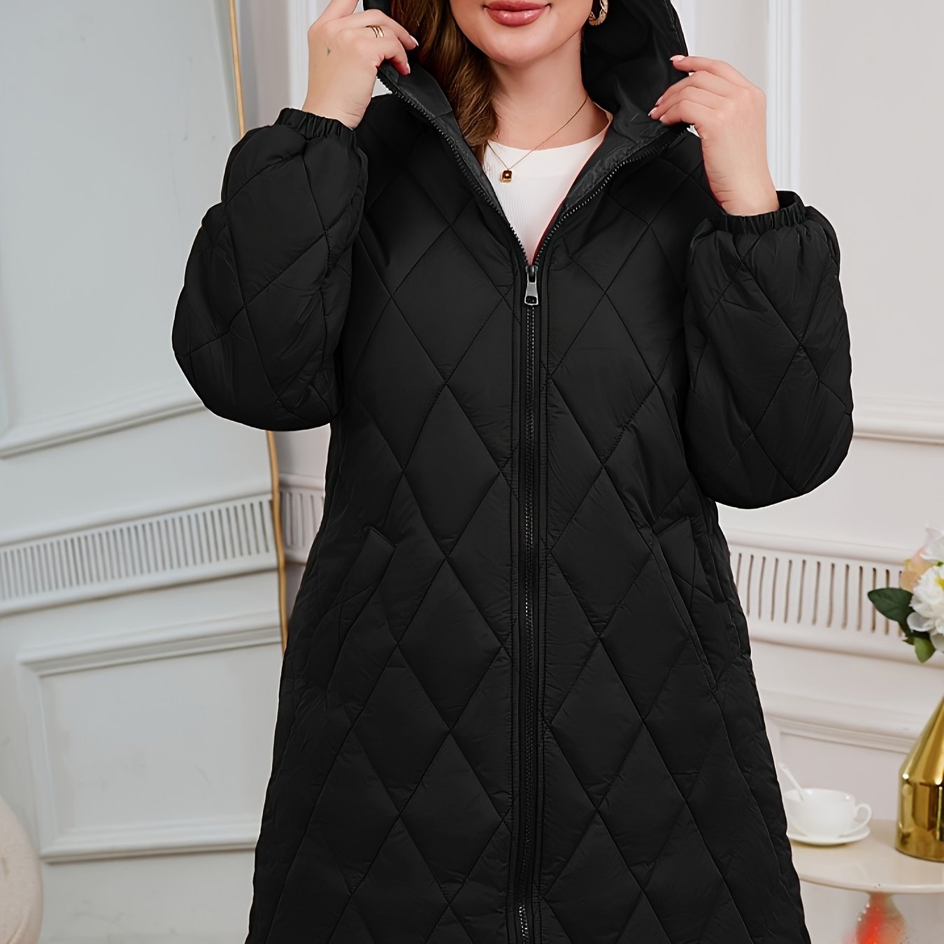 TEMU Plus Size, Elegant Hooded Zipper Quilted Diamond Pattern Padded Coat, Plus Size Women's Padded Midi-length Loose Fit Winter Coat