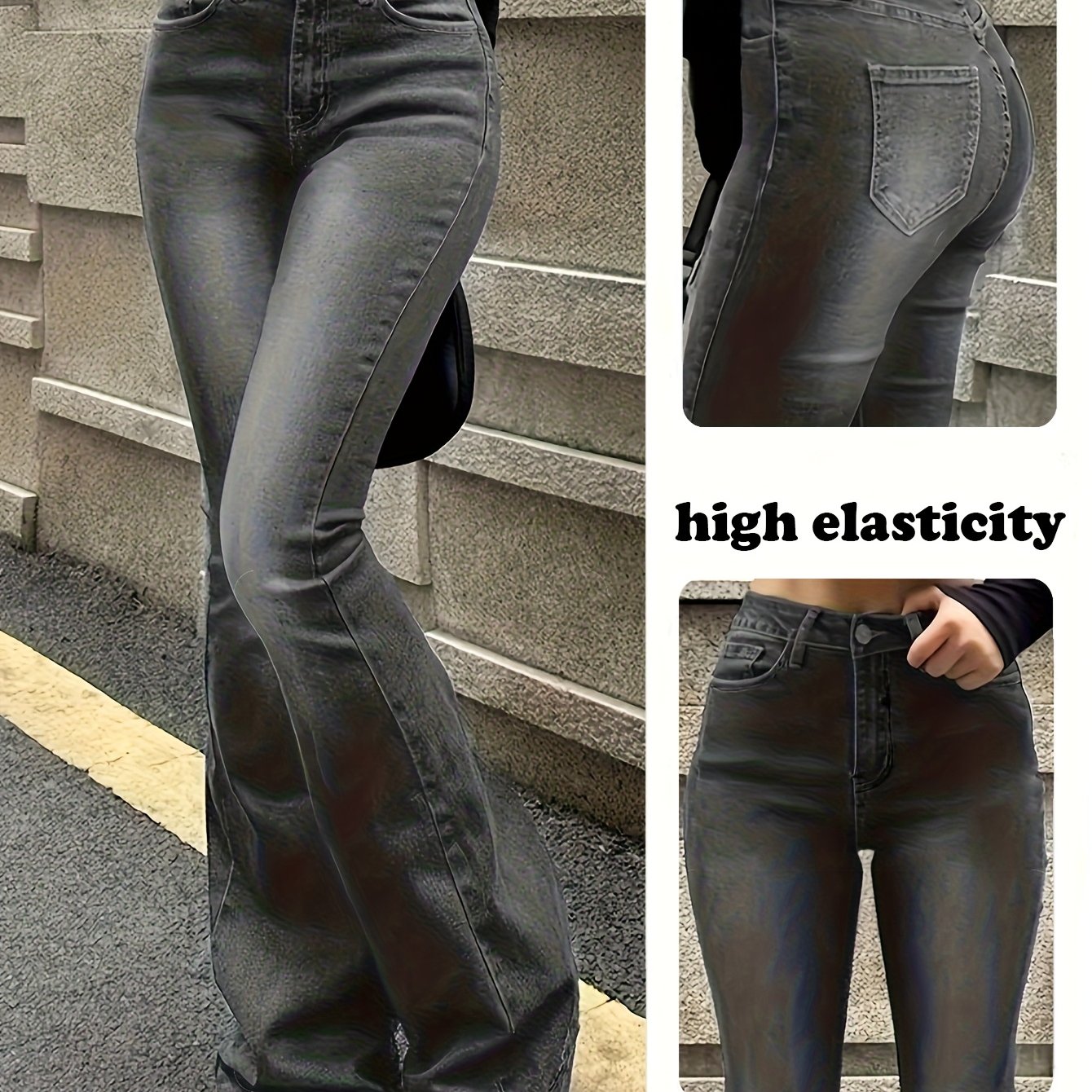 Image of Women's High-stretch Slim Fit Flare Jeans - Vintage Washed Denim, Mid-rise, Machine Washable, For Autumn, Spring