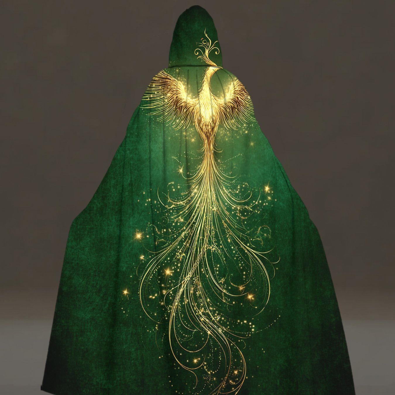 TEMU Túnica , 1 pieza, con diseño de fénix dorado en una capa con capucha de verde, ideal para cosplay, Halloween, de carnaval, exteriores, fiestas