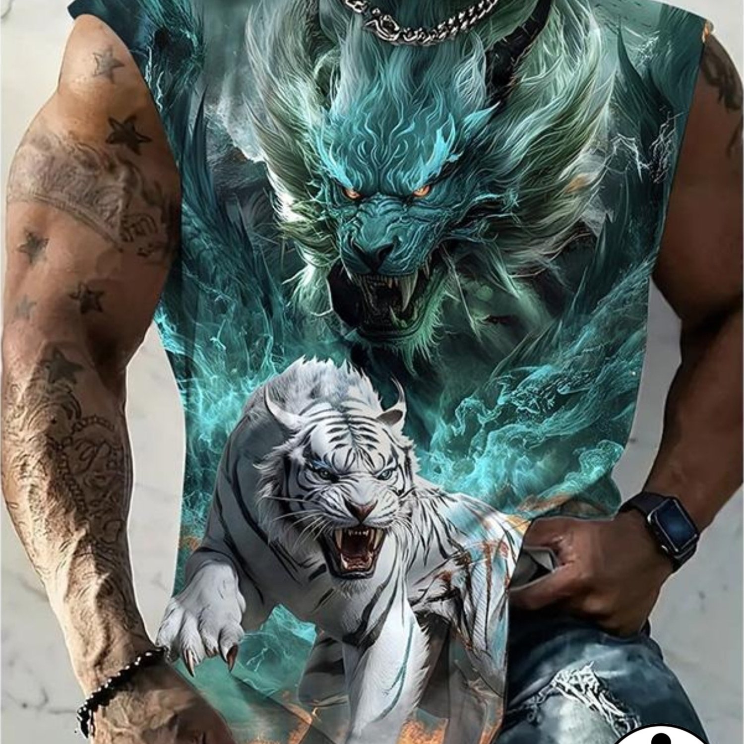 TEMU [print Design-not Textured] Men's Vest Fashion Print Pattern, Machine Washable Men' Vibrant Dragon And Tiger Pattern Vest, Summer Casual