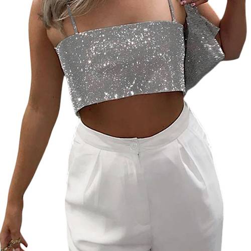 sexy sequin camisole low cut suspender crop tank for women clothing