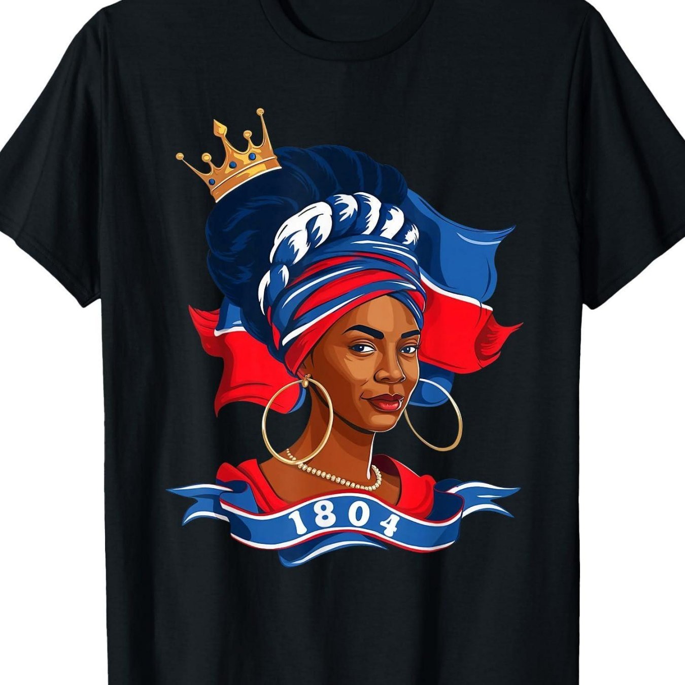 TEMU Promotional Advertisement For A T-shirt Featuring The Flag, Designed For Adults. This Black Crew Neck Shirt Showcases A Vibrant 1804 Historical