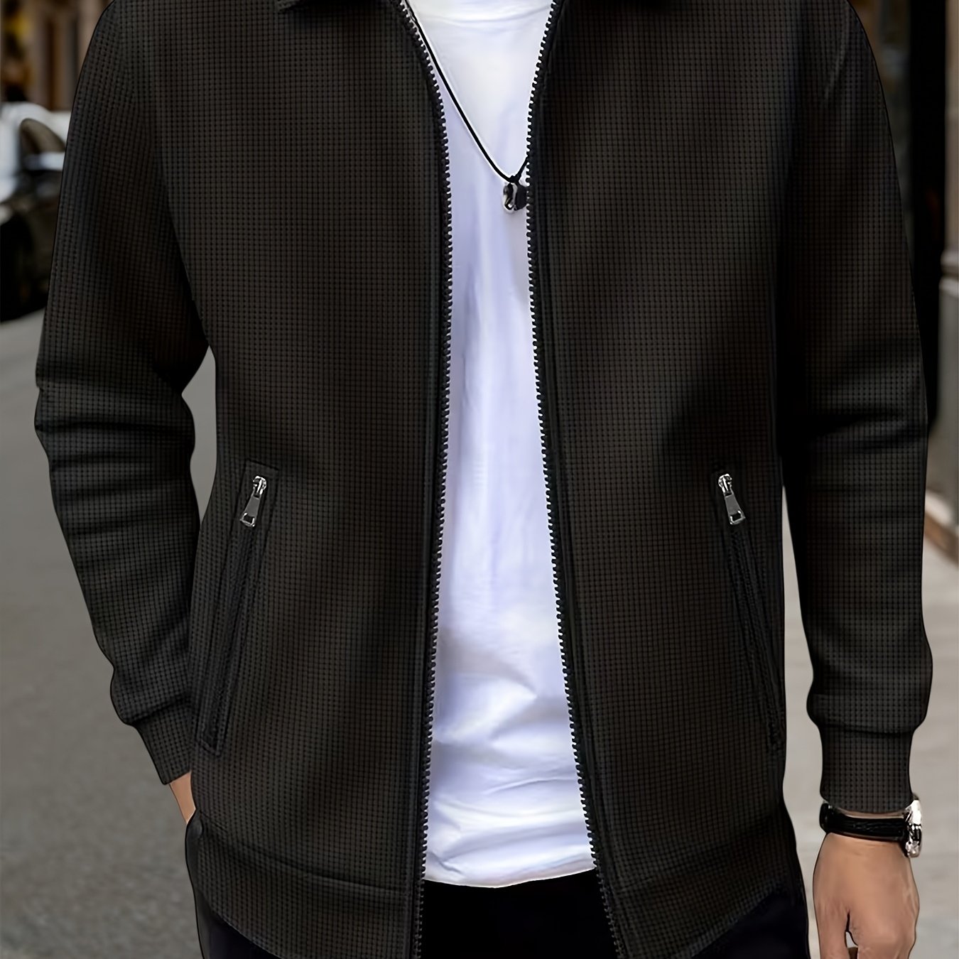 TEMU Spring And Autumn Men's High-end Business Casual Jacket, Luxurious Texture Style, Waffle Texture Jacquard Fabric, Double-sided Zipper Pockets,