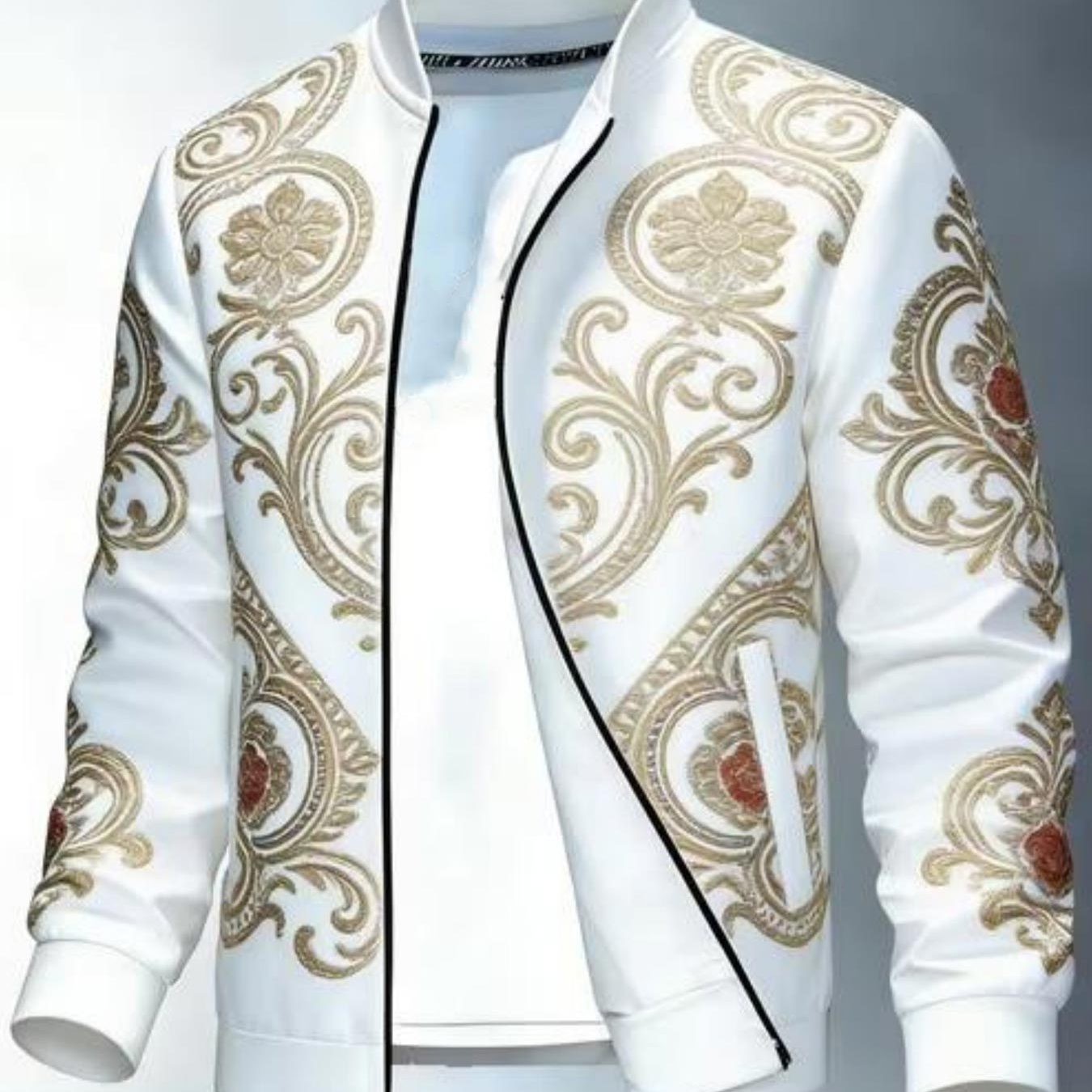Image of Men's Stand Up Collar Zipper Sports Jacket Vintage Baroque Floral Pattern Stylish Slim Fit Outerwear Perfect For Party And Streetwear