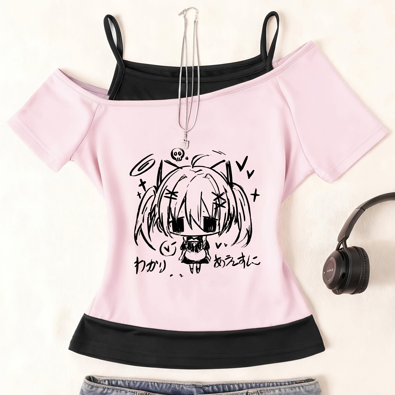TEMU 1pc Fashion Women's Off-shoulder Cross-body Short Sleeve T-shirt, Anime Cute Pattern Comfortable Trendy, Y2k, Street Hot Korean Two-piece