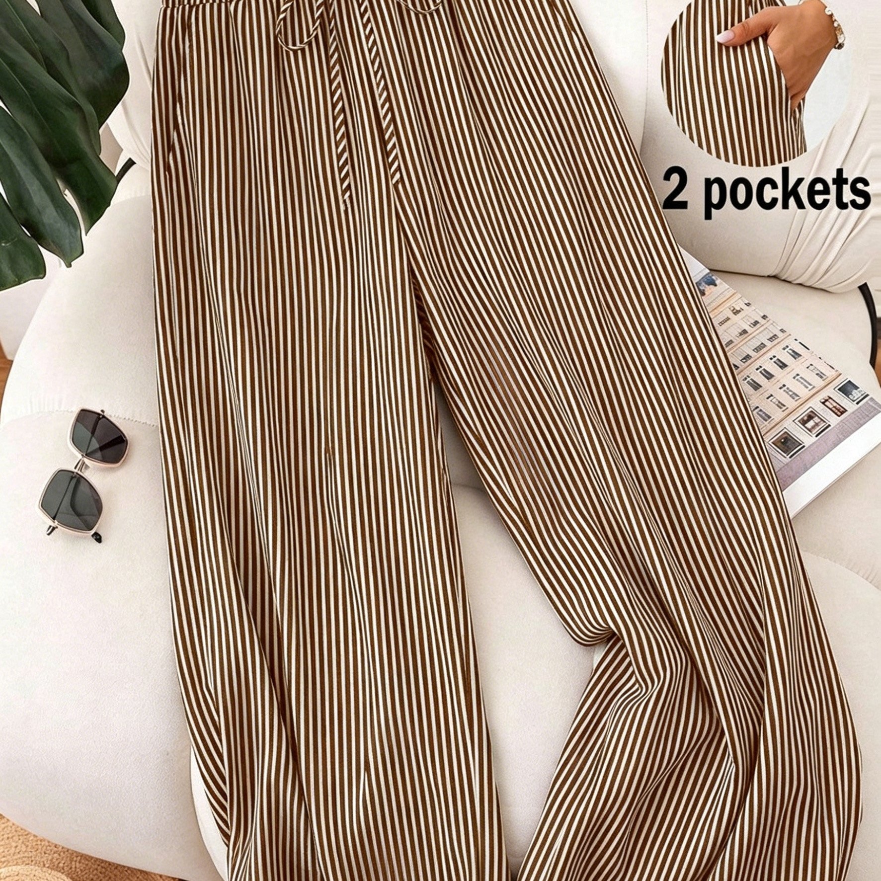 TEMU Women's Long Pants, Striped Drawstring Waist Casual Wide-leg Trousers, Suitable For Daily Wear