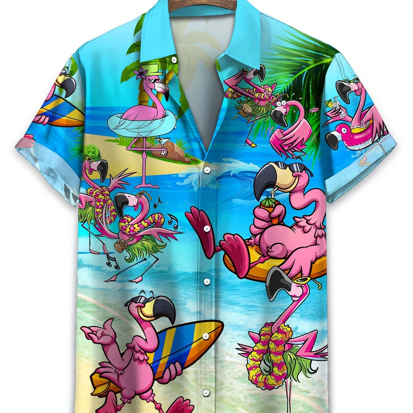 TEMU Men's Short-sleeve Button- Shirt, Flamingo Design, Hawaiian Style