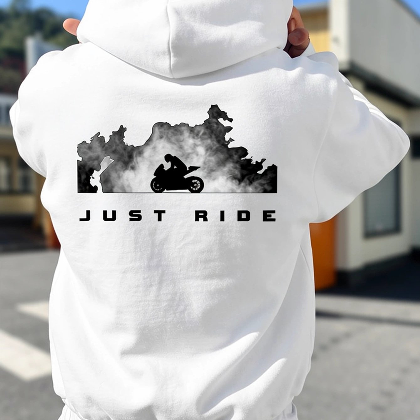 Image of Men's & Women's Motorcycle Rider Hooded Sweatshirt Biker Jacket With Motorcycle & Cloud Print, Just Ride Text, Fleece, Loose -season Casual Riding Gear & Streetwear