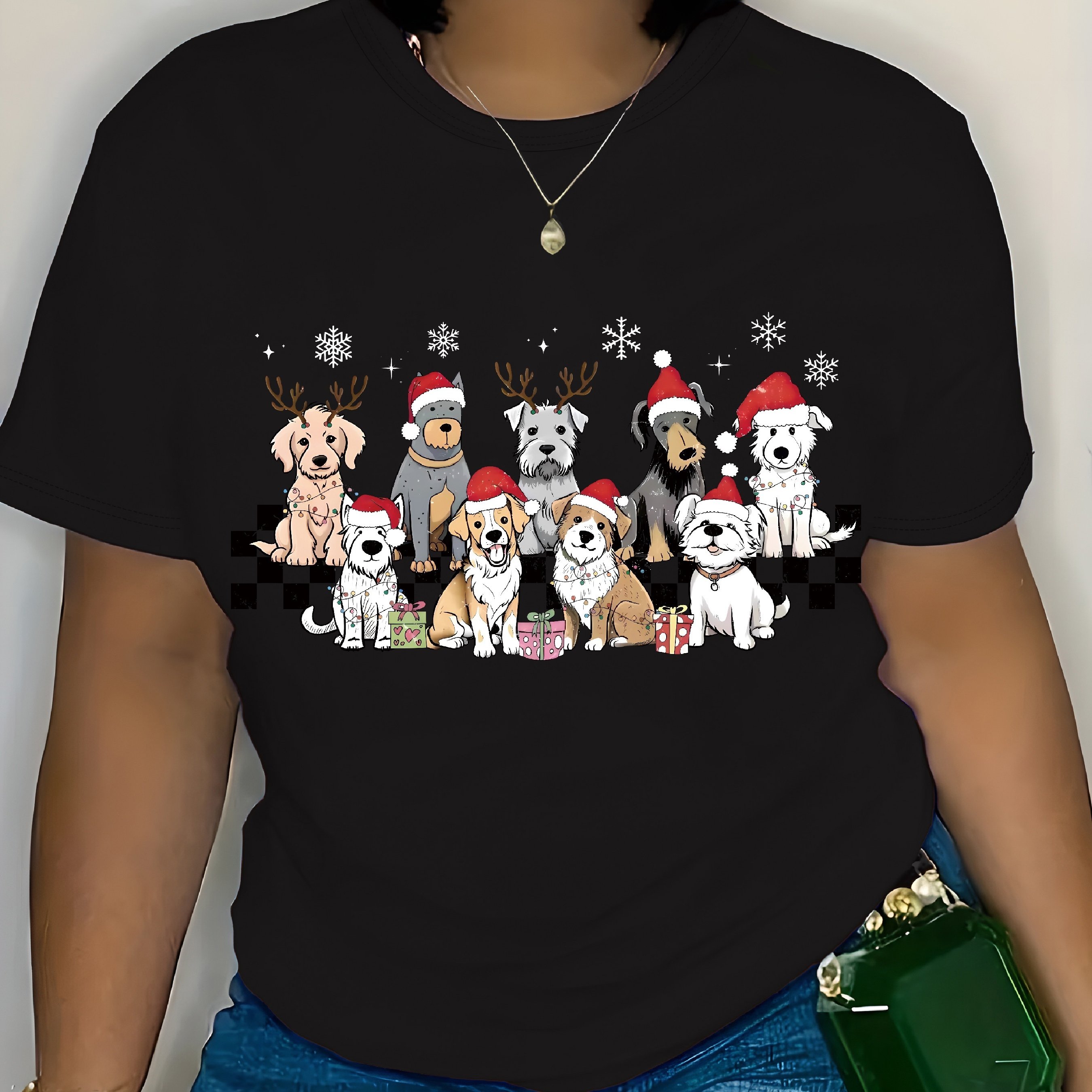 TEMU Festive Plus Size Merry Christmas Dog Graphic Tee - Casual Crew Neck Short Sleeve Top For Women - Soft Polyester Blend - Machine Washable