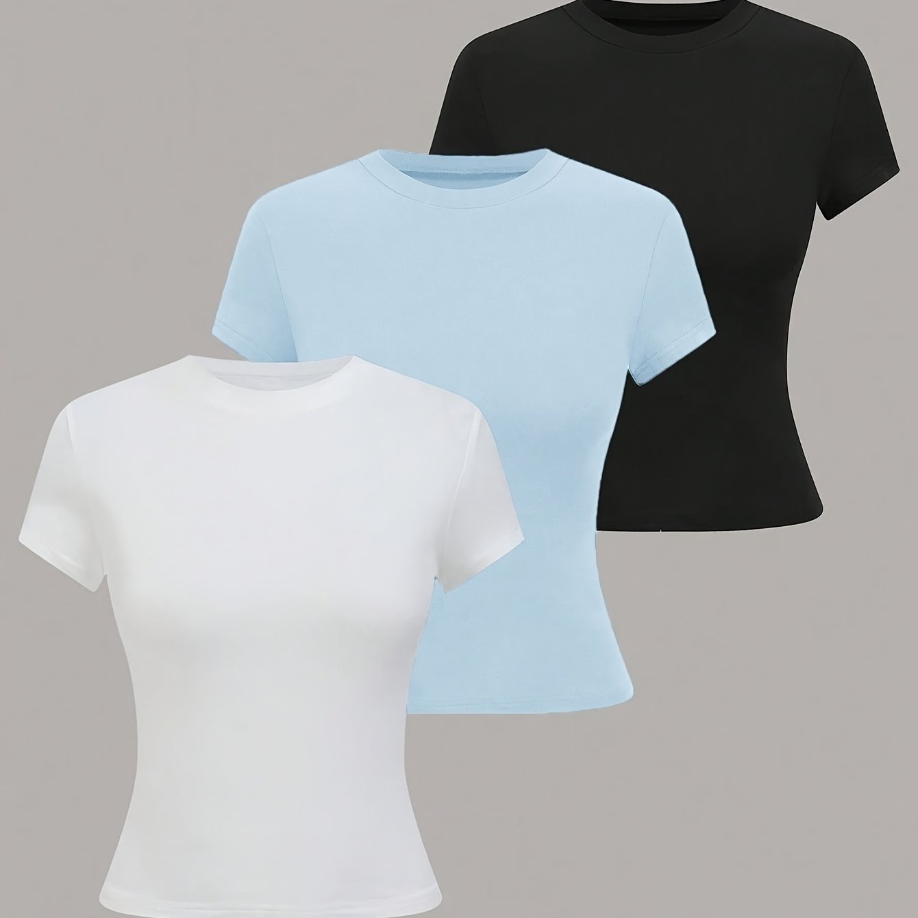 TEMU 3pcs Summer Women's Round Neck Short Sleeve T-shirt, Basic Solid Color Top