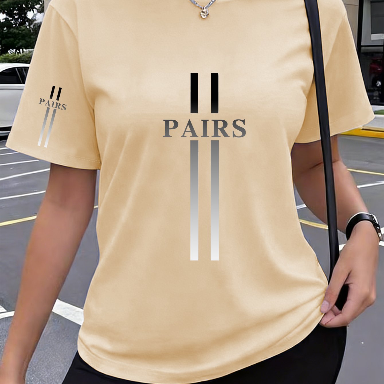 TEMU 1pc Gradient Stripe "paris" Print New Y2k Style Single-sleeve Printed Women's Sportswear, Summer Comfortable And Breathable Round Neck Short