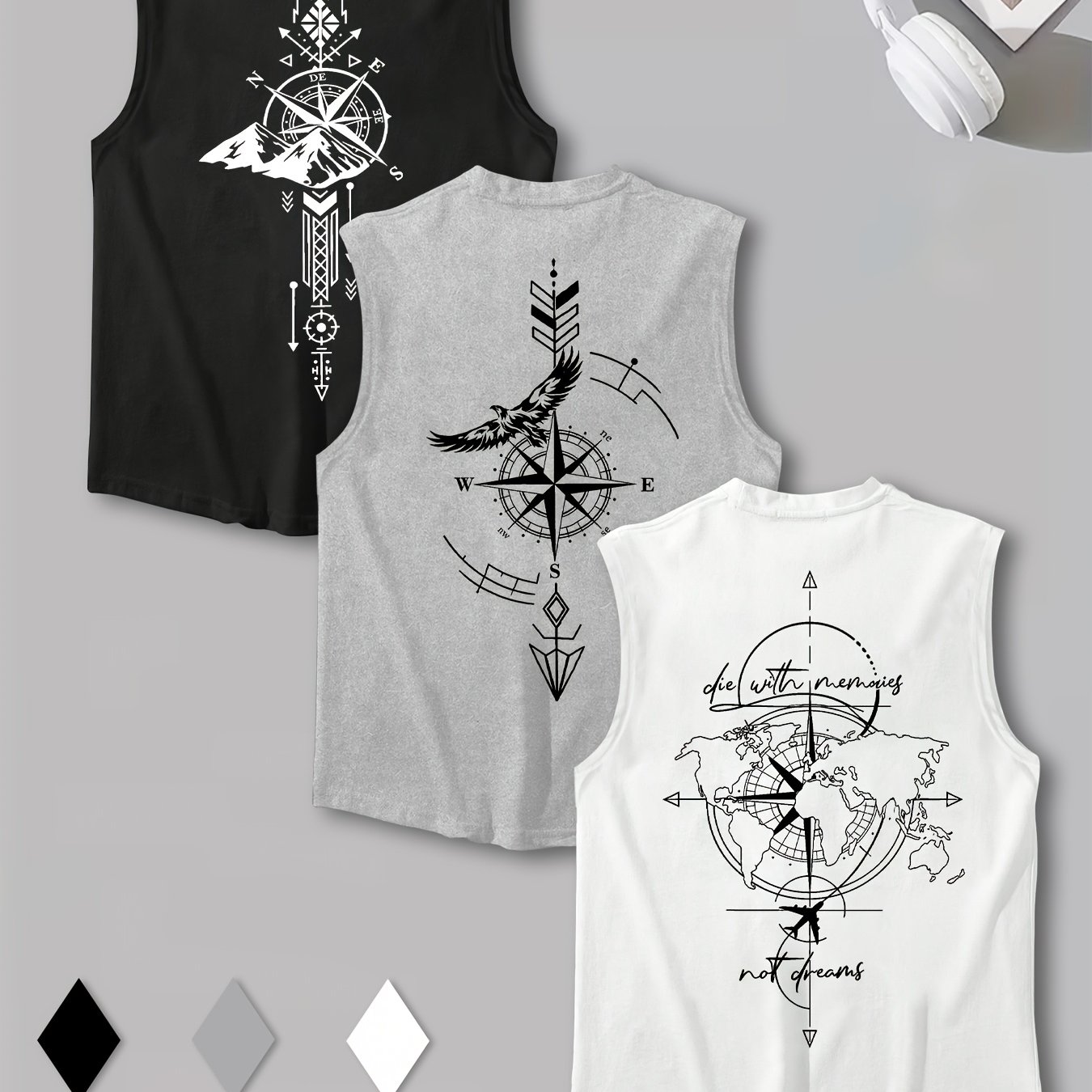 TEMU 3pcs Men's Casual Sleeveless Athletic Vest Set, Featuring Fashionable Cool Prints, Suitable For Daily And Casual