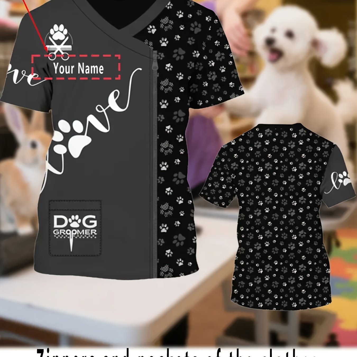 TEMU Custom Men's & Women's Personalized Pet Groomer T-shirt - 3d Printed Paw Print Design, Breathable Quick-dry Fabric With Custom Name/text/logo,