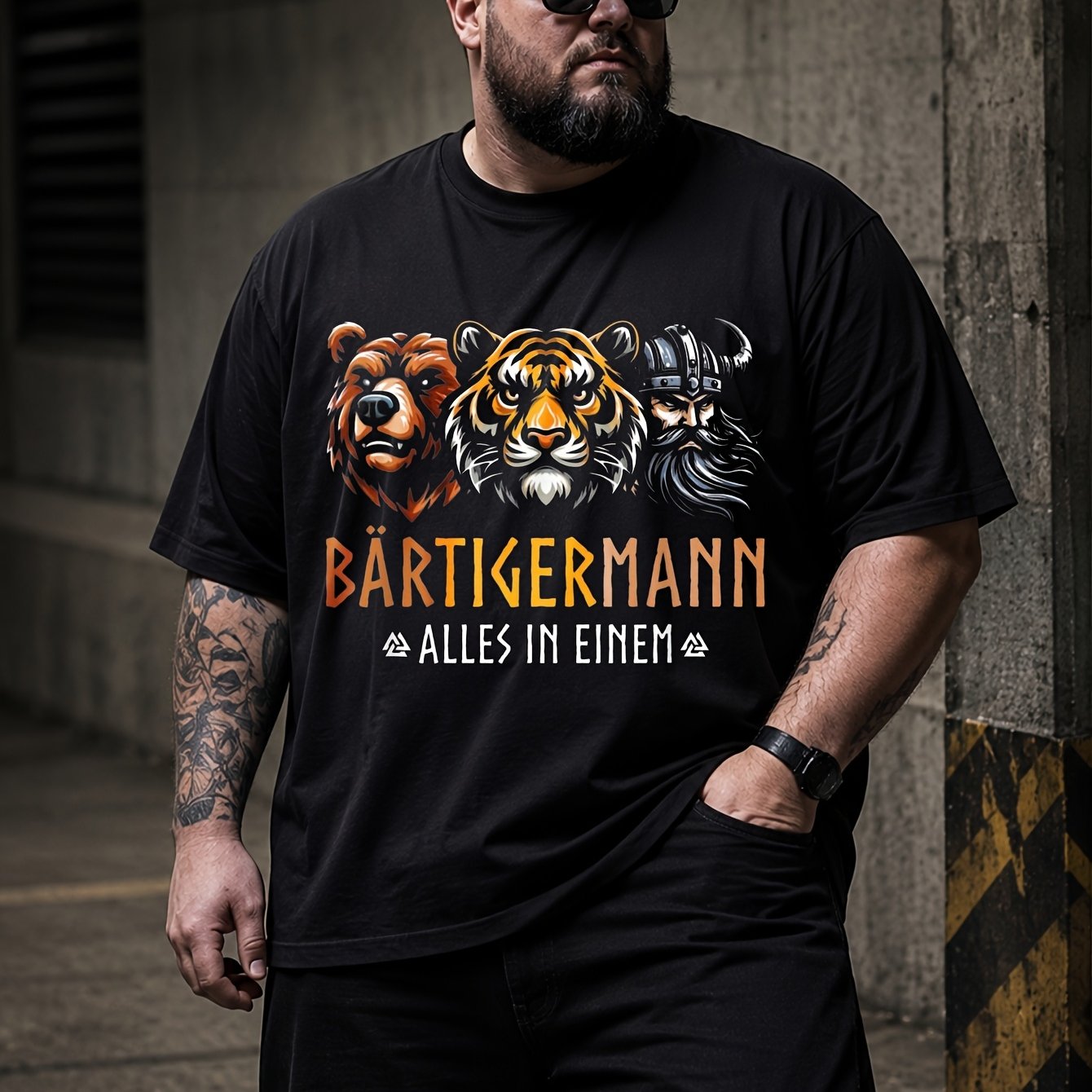 Plus Size Men's Short Sleeve Graphic T-shirt With Bear, Tiger And Head Prints, Urban Streetwear Style For Daily Casual Outfits, Plus Size