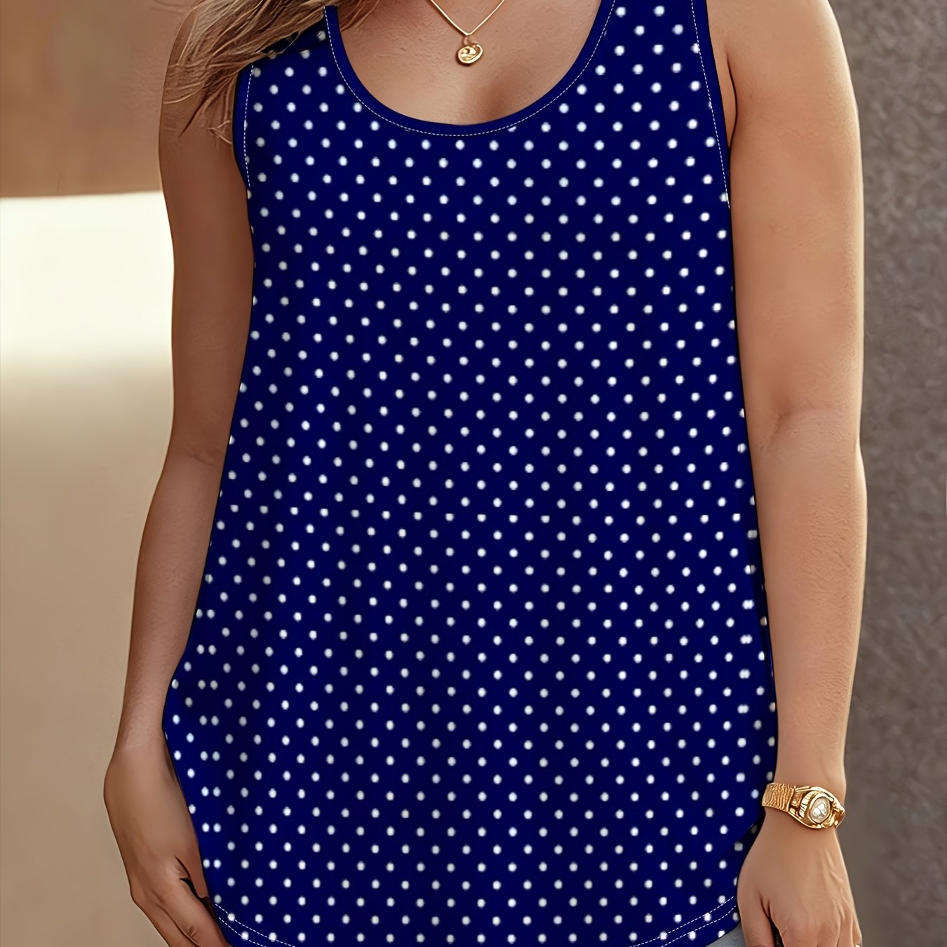 TEMU Women's Plus Size Tank Top, Navy Blue With Small White Polka Dots, Sleeveless Vest With Small White Dots, Vintage Polka Dot Print, Curved Hem