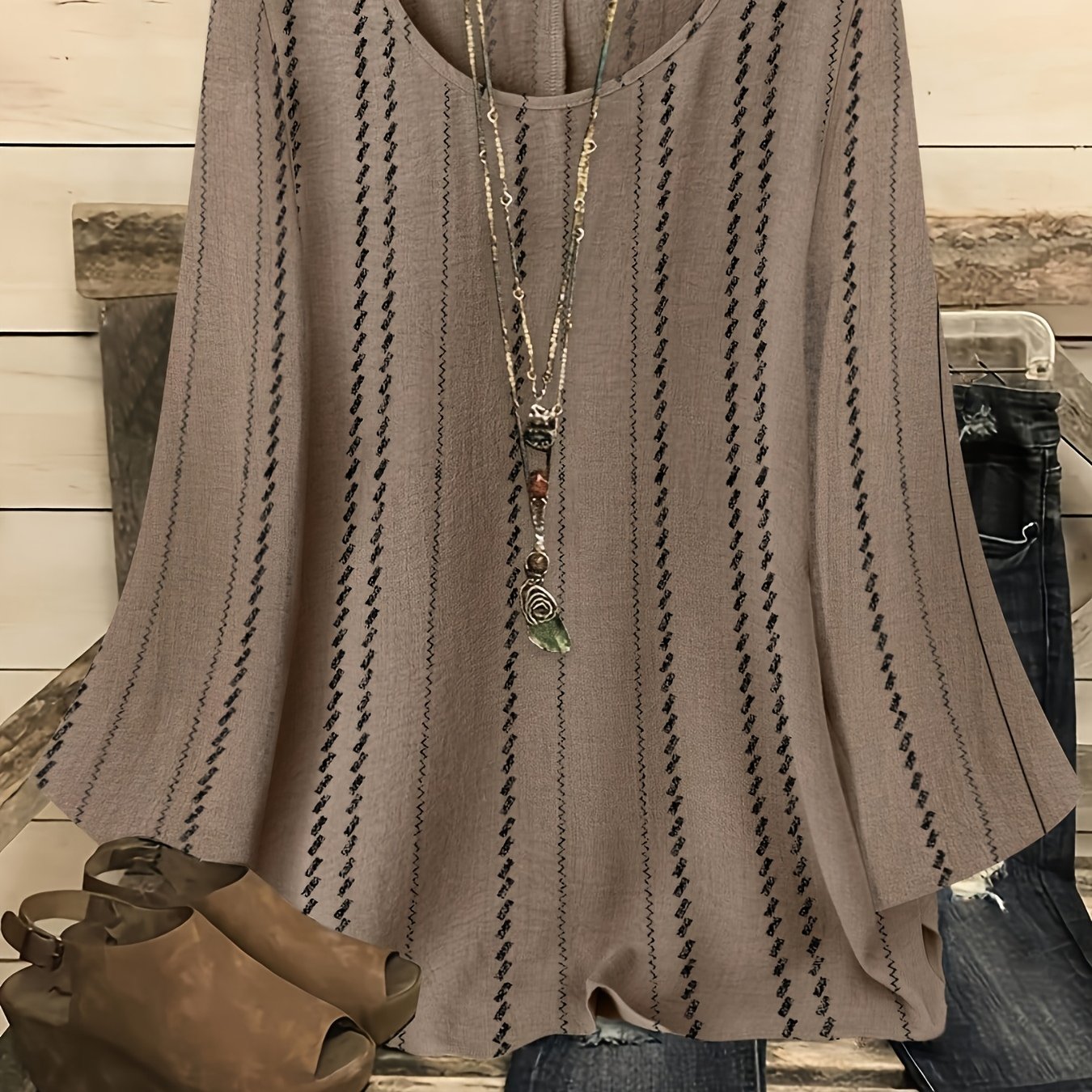 E-shop Plus Size, Damen Casual Western-Stil Vintage Streifen Druck Rundhals Dreiviertelarm Top, geeignet für Frühling Sommer Casual Shirts. Accessoires