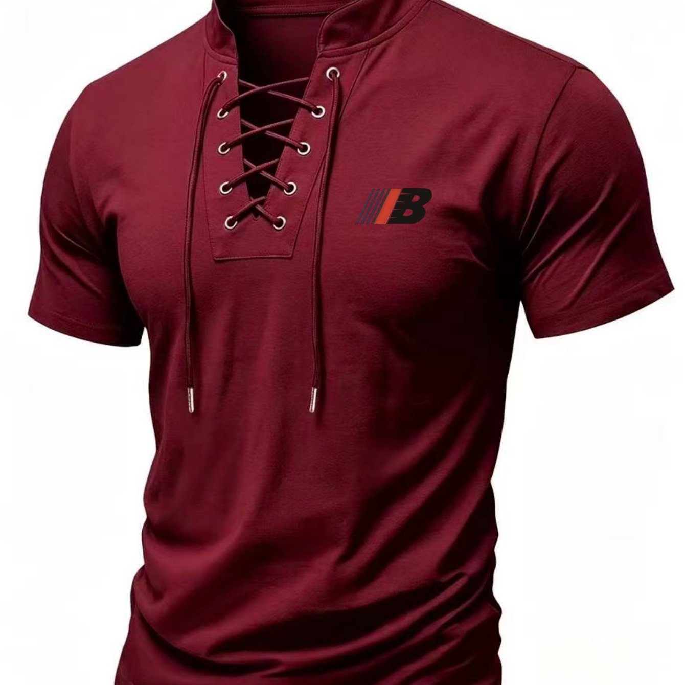 TEMU 2026 's Short-sleeved Shirt, Trendy Pattern Printing, Men's Collar Short-sleeved T-shirt With Straps, Personalized Lace-, Slim-fit Casual Top
