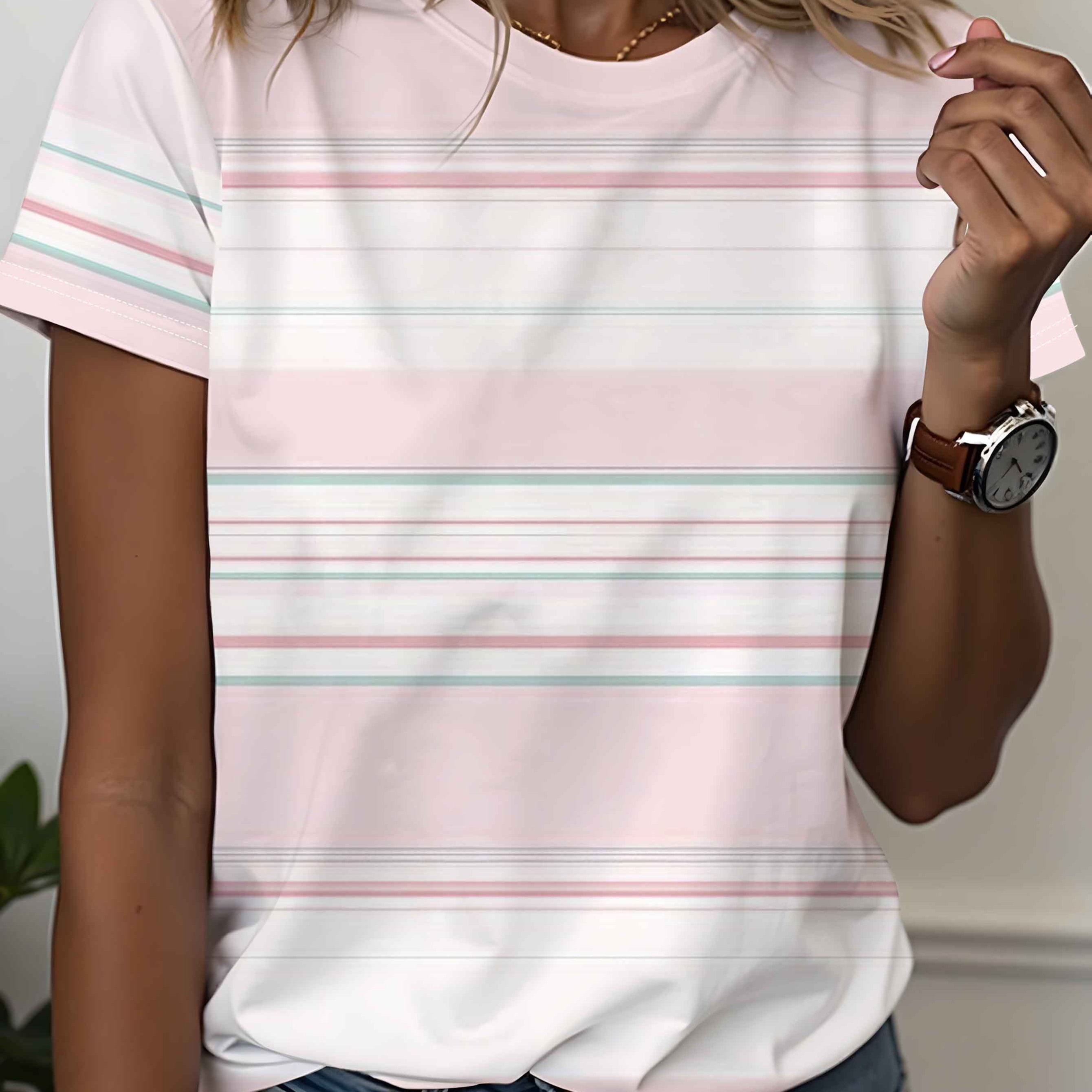 TEMU Women's Pink Green Striped T-shirt - Loose-fit Round Neck Short Sleeve Top With , Casual Beach Layering Base For Spring Summer Outfits Suitable
