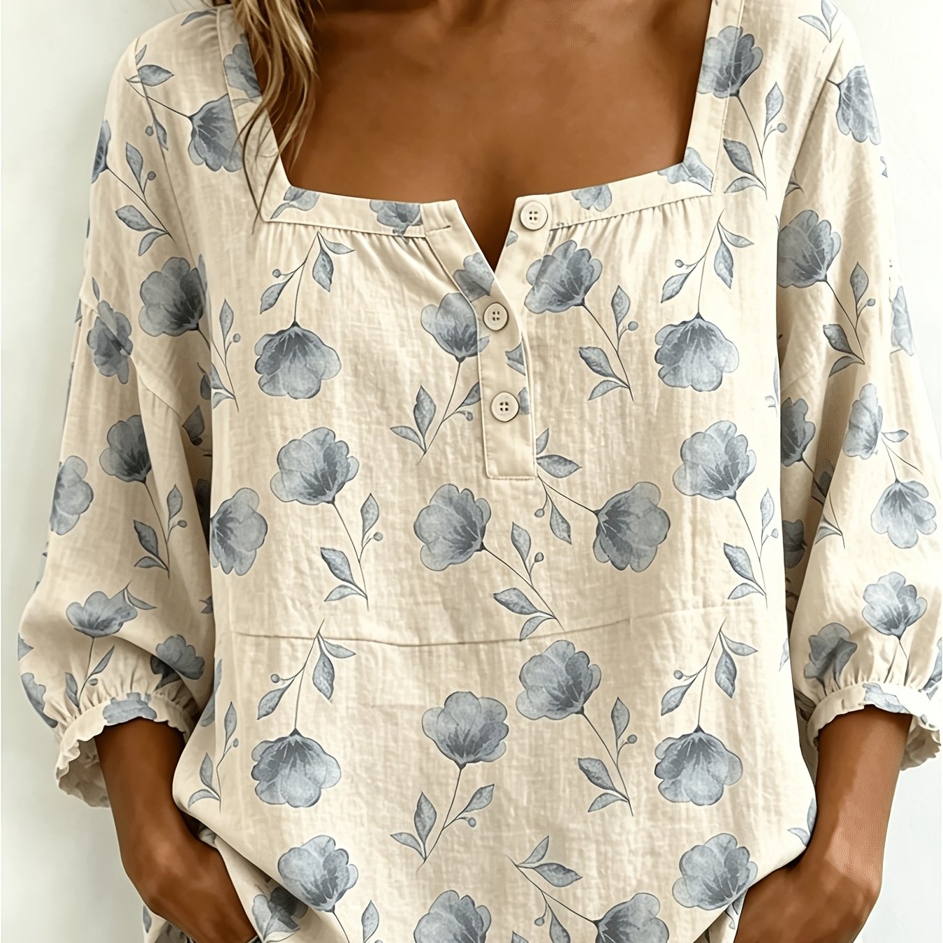 Plus Size, 2d Flat Printing Plus Size Women' Floral Square-neck Three-button Shirt, 2d Flat