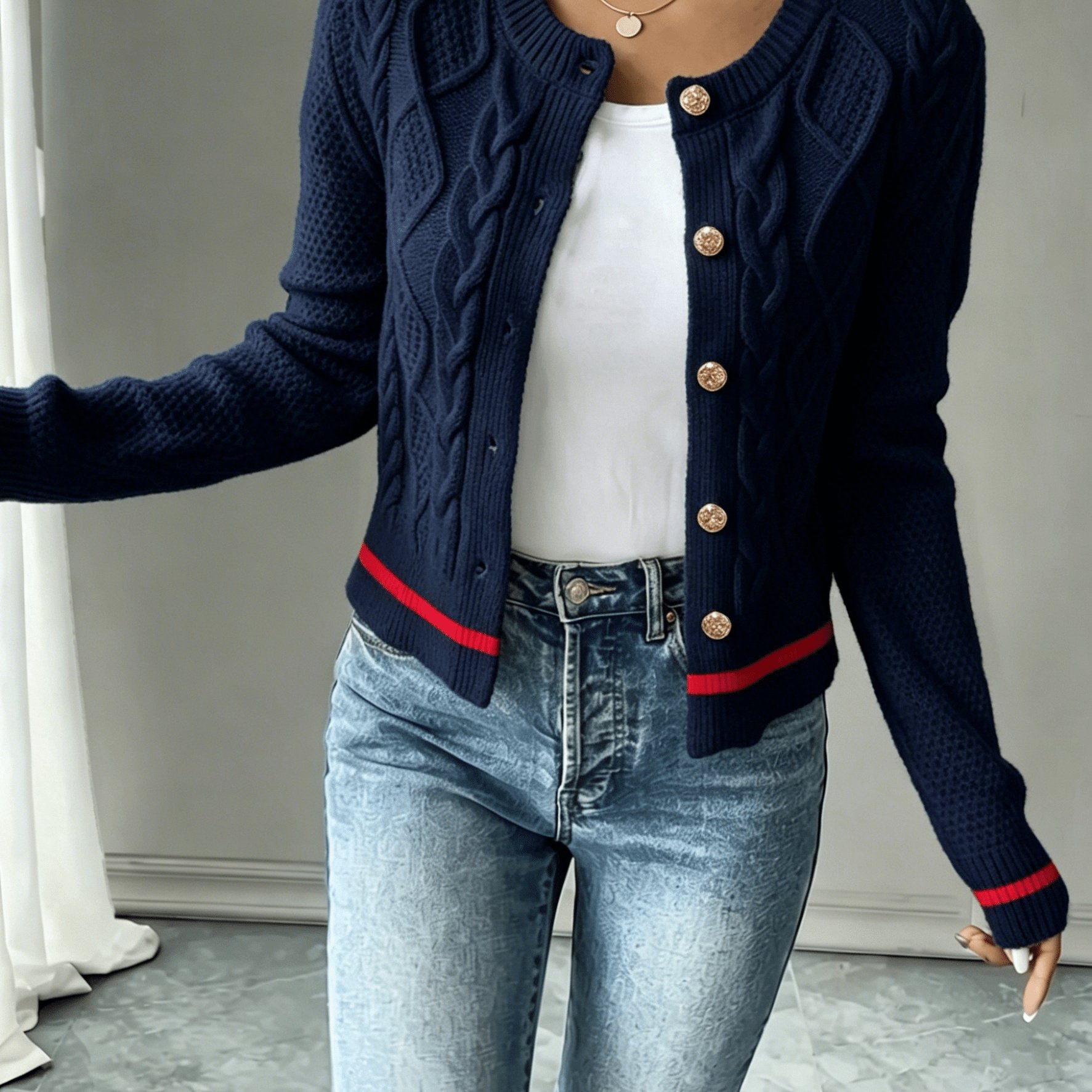 TEMU Nouveau cardigan femme printemps/été à texture torsadée et color block, pull de à col rond et boutons dorés vintage de style français