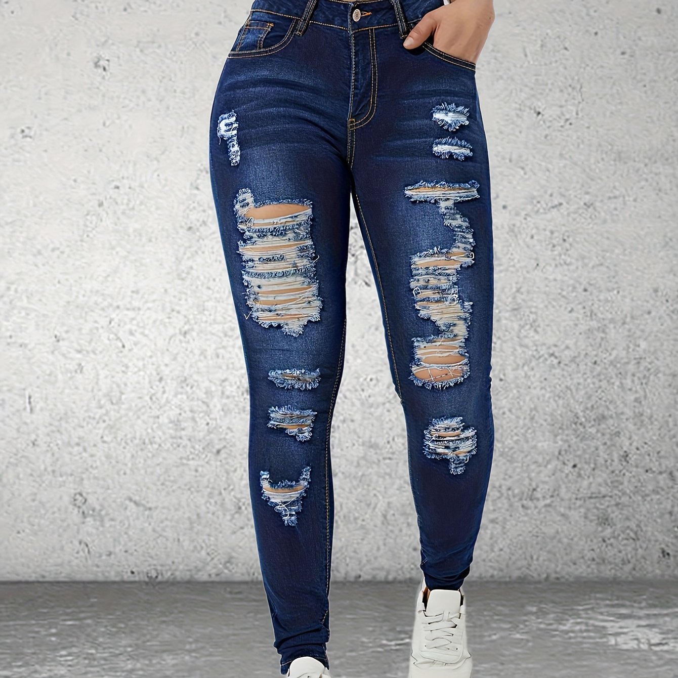 Blue Ripped Holes Skinny Jeans Distressed High stretch Slim - Temu