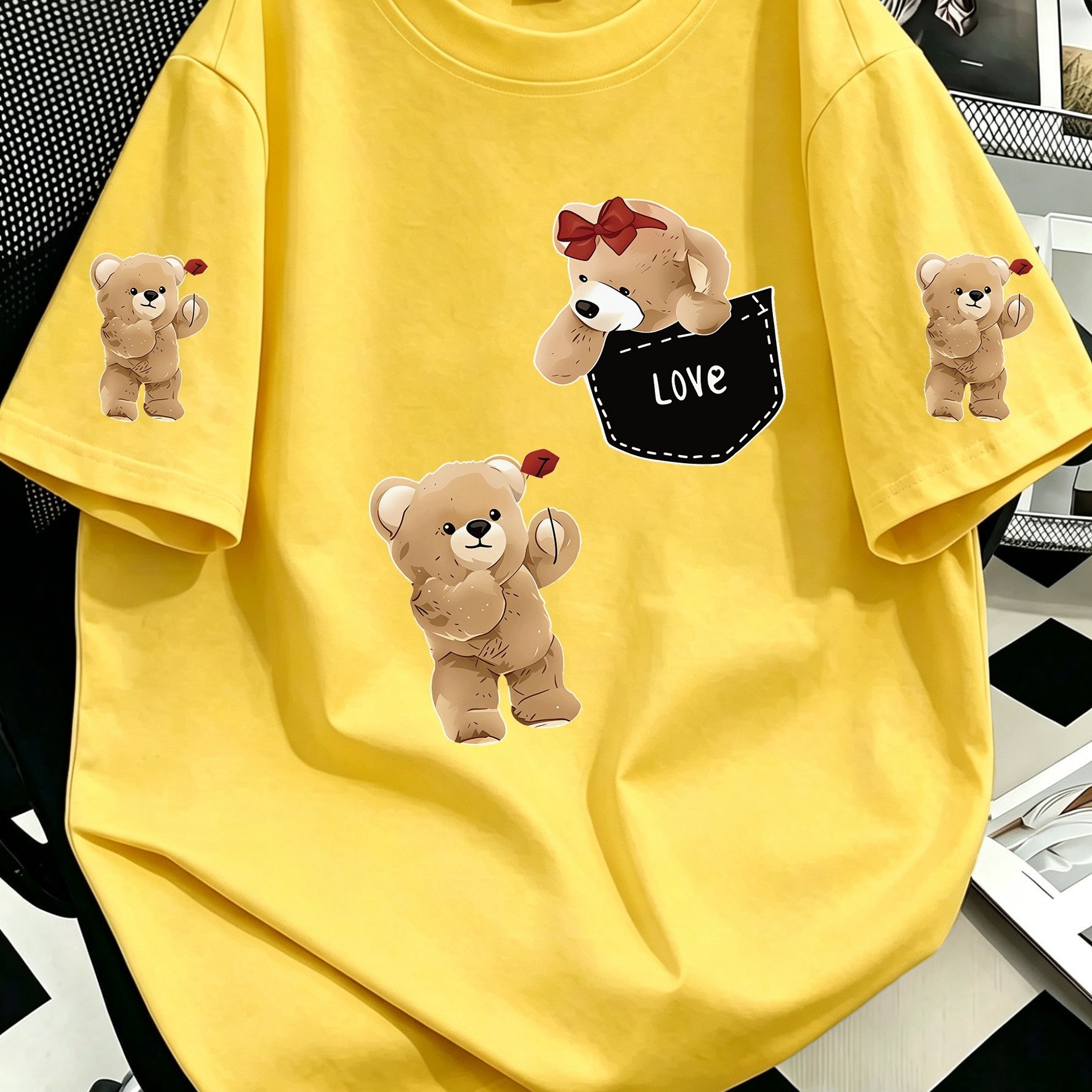 TEMU Plus Size Women's " Bear" Pattern Printed Short Sleeve, Trendy Fashion, Easy Round Neck Casual Versatile Short Sleeve T-shirt Suitable For