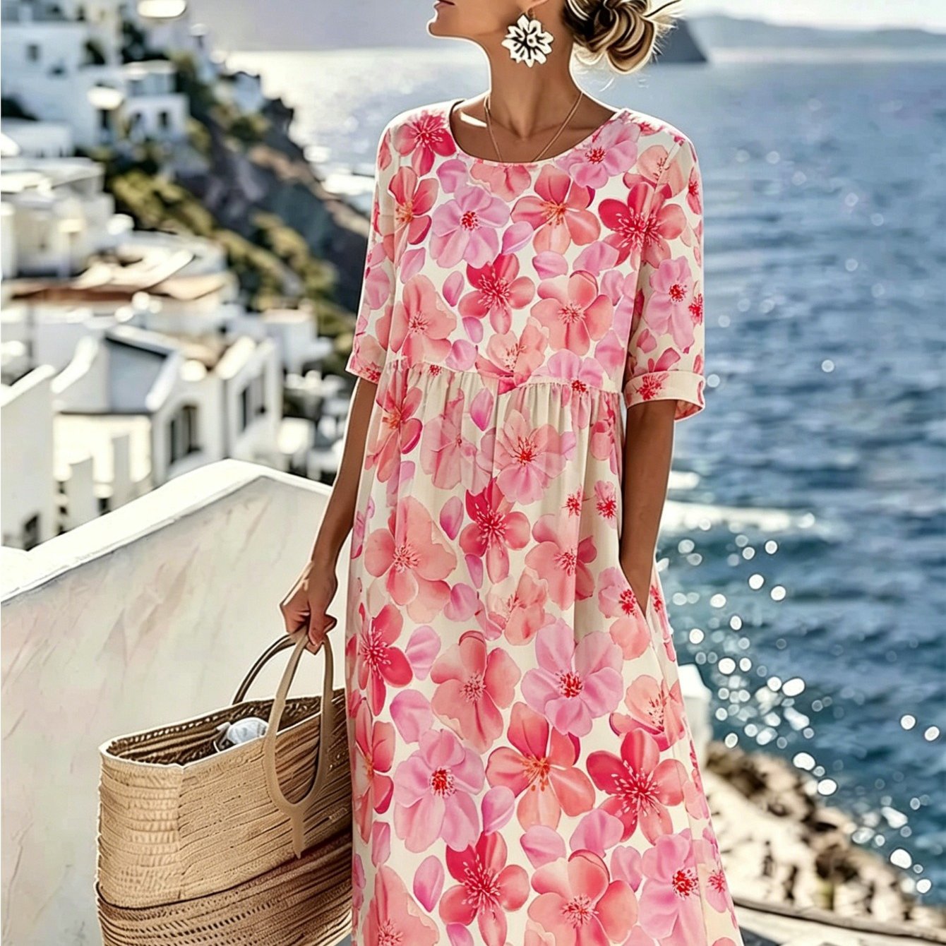 Image of Plus Size, Plus Size Watercolor Floral Print Dress For Women Casual 3/4 Sleeve Crew Neck Loose Midi Dress, Lightweight Dress For Beach