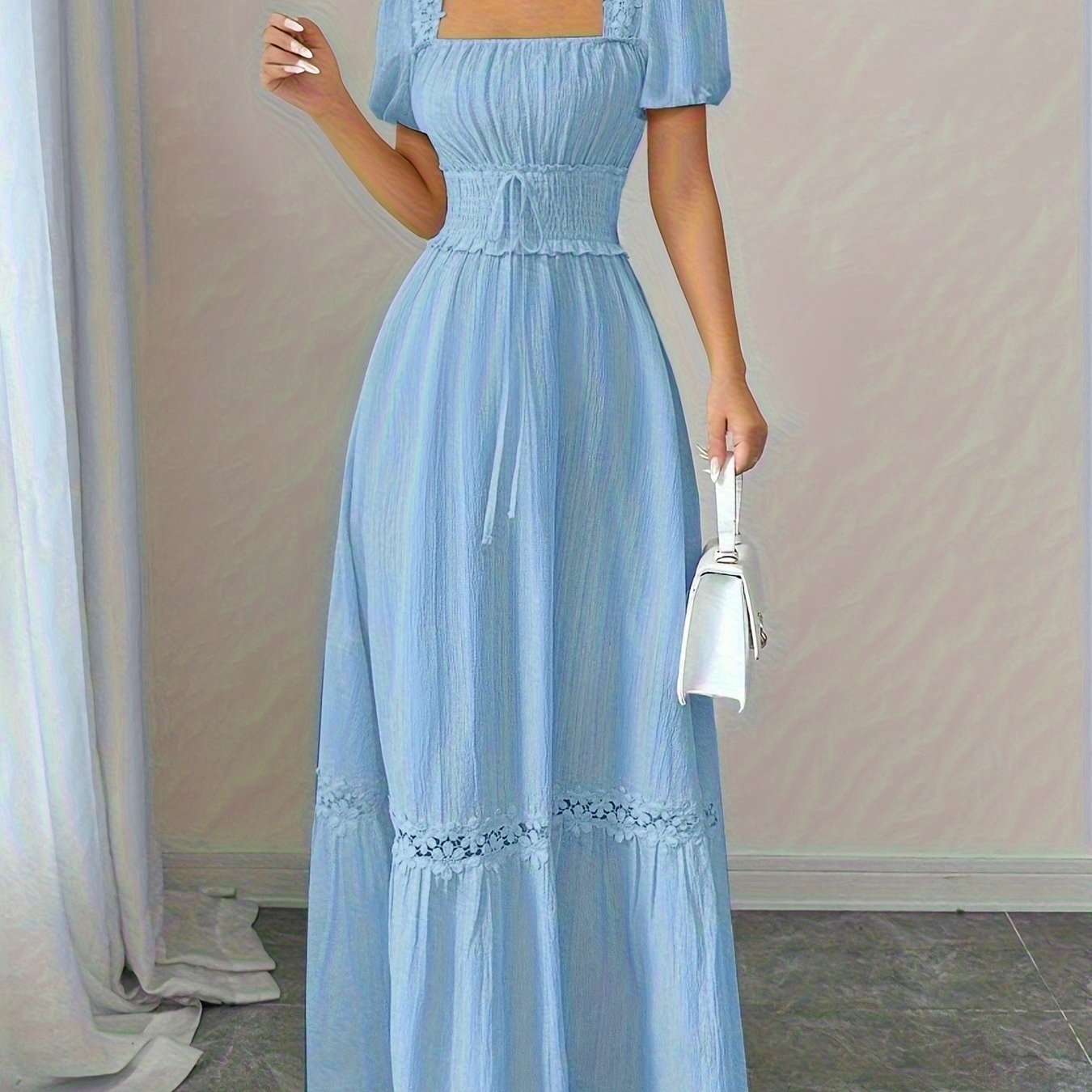 E-shop Elegantes Damenkleid mit eckigem Rundhalsausschnitt, Rüschenbesatz, Spitzen-Detail und A-Linien-Armloch | Unifarben, für Frühling/Sommer