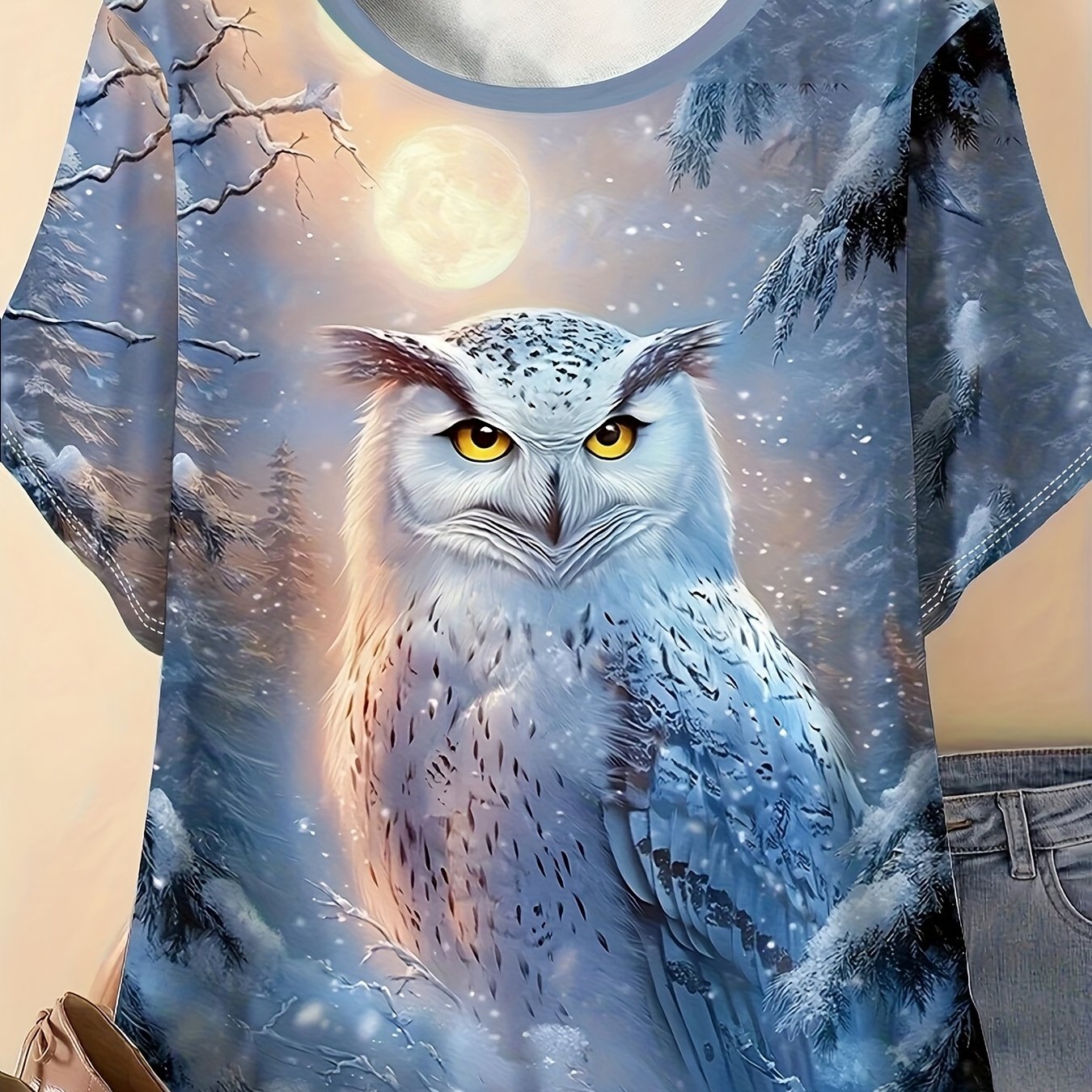 TEMU Women's Plus-size Owl Print T-shirt, Casual Round Neck Short Sleeve Top, Suitable For Summer Outdoor Wear