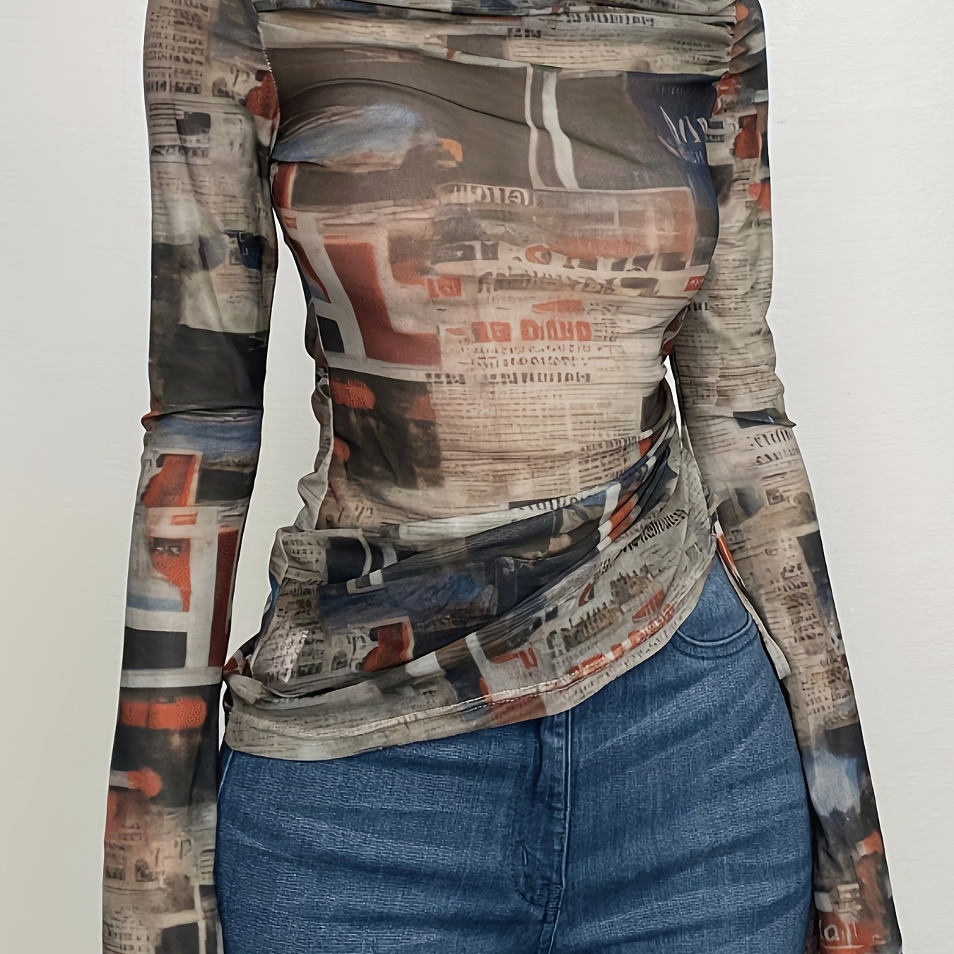 TEMU Vintage Print Long Sleeve Mesh T-shirt, Drawstring Ruched Irregular Print Top, Women's
