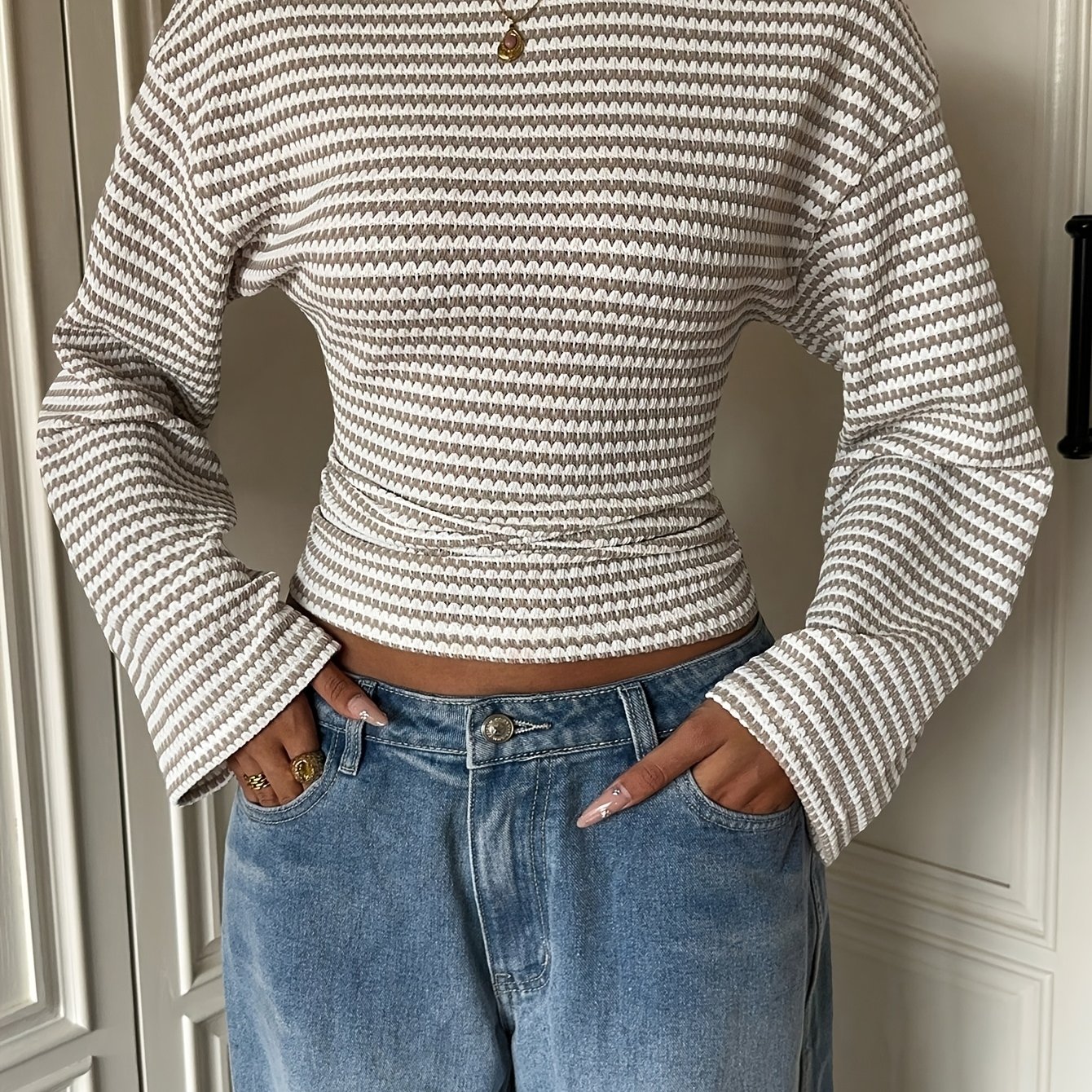 TEMU Women's Autumn New Arrival Simple And Stylish Casual Striped Crew Neck Slim-fit Long Sleeve T-shirt Top
