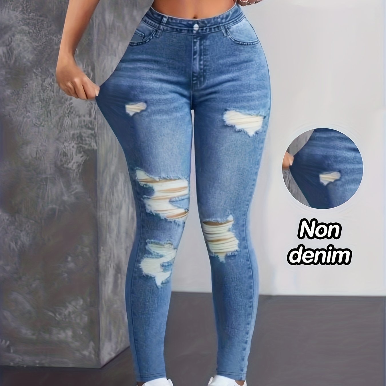 TEMU [printed Leggings - Not Denim Fabric]printed Leggings - Not Denim Fabric Women's Denim Leggings, Tight Stretch Pants, Lift Double-bar Design,
