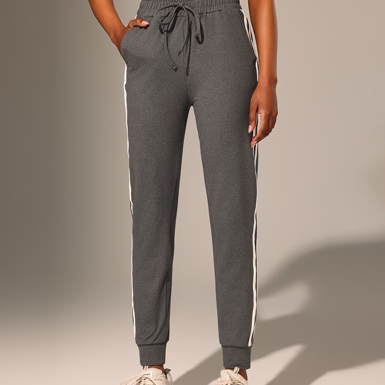 Regular Fit, Spring Summer Women's High-waist Athletic Pants, Yoga Pants, Casual Running Trousers With Double Pockets And Fake Drawstring Design, Lightweight High-stretch Fabric Sweatpants