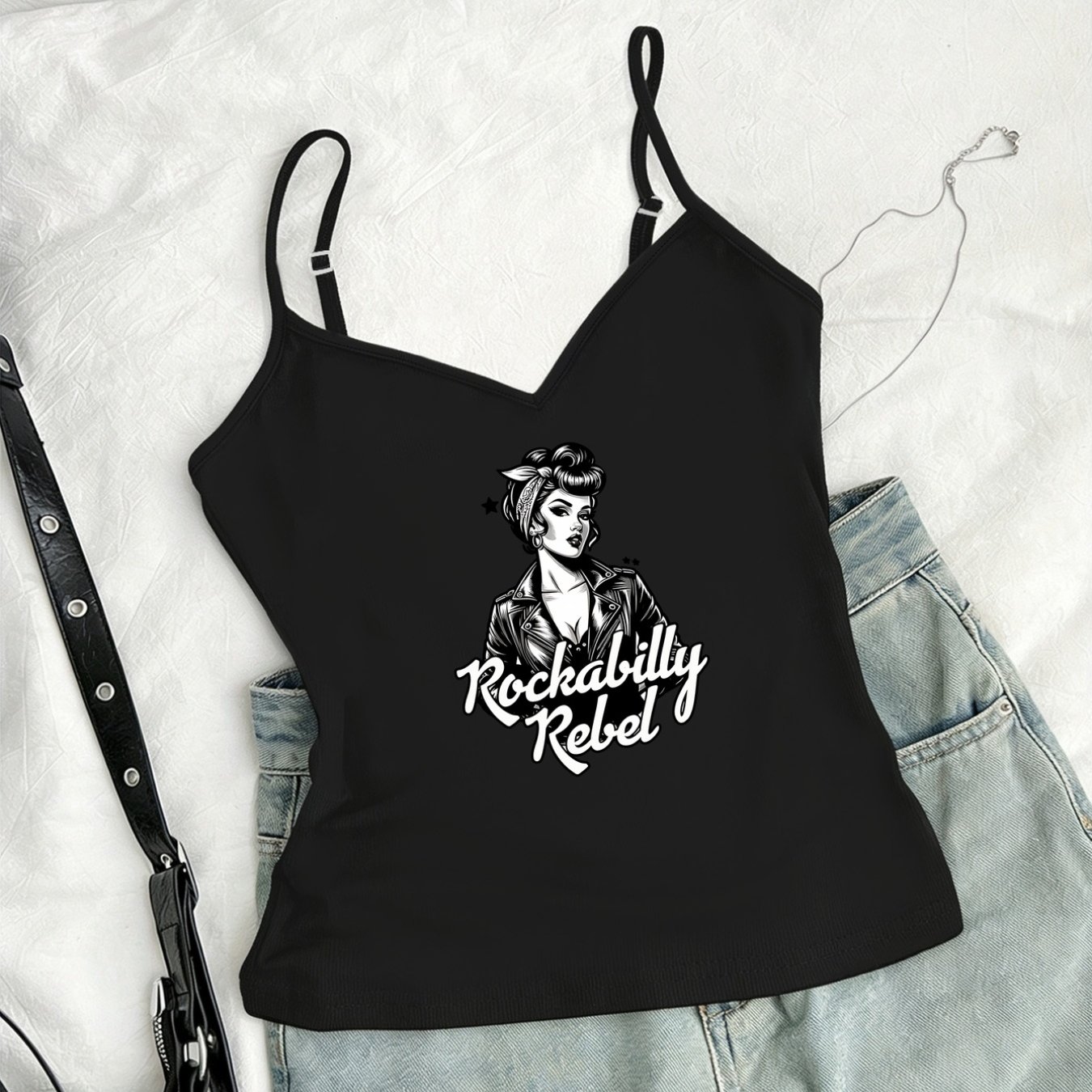 TEMU Tank Top, Rockabilly, Rebellious Printed V-neck Casual Top For Women - Women's Clothing, Summer And Spring, Ladies' Wear
