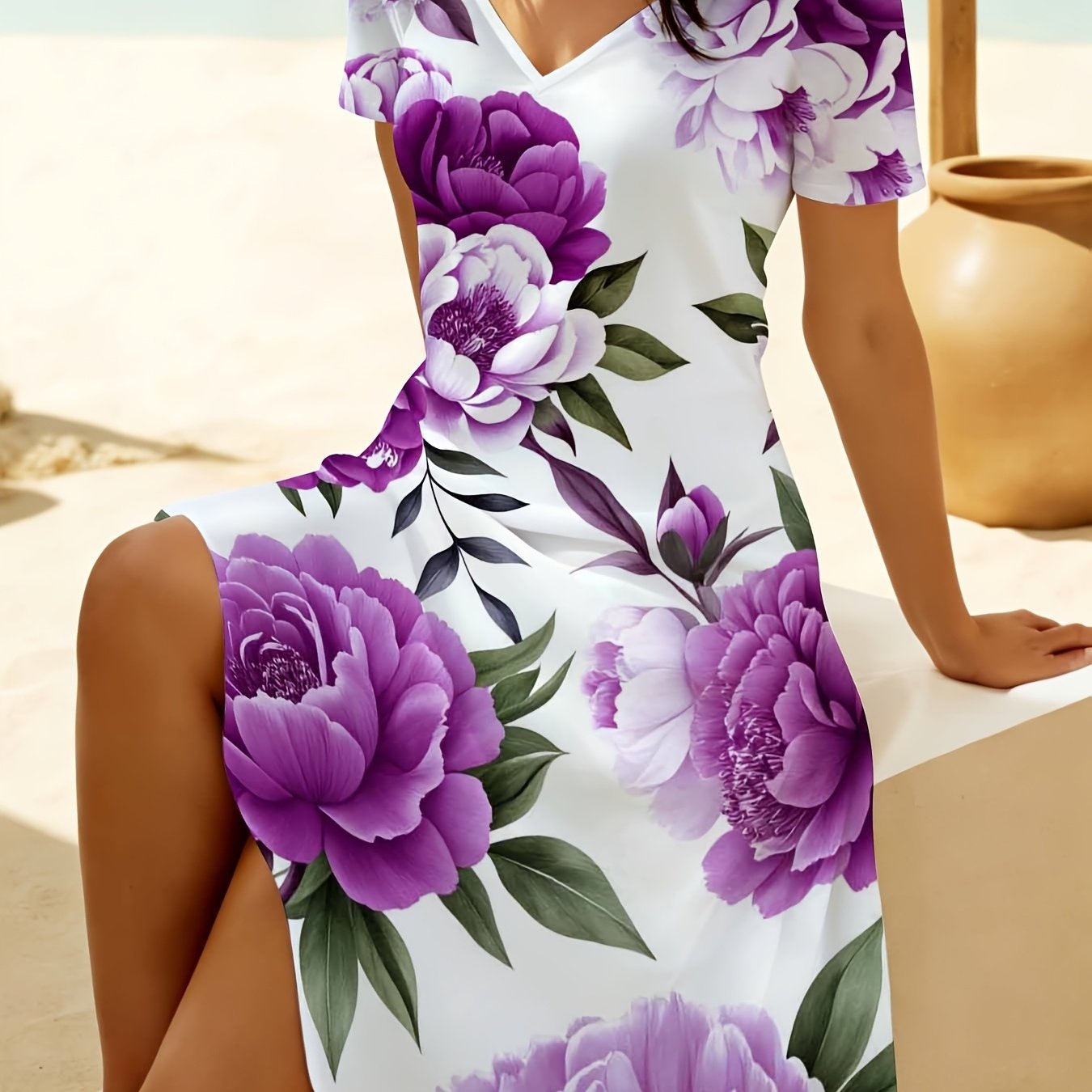 TEMU Purple -neck Short-sleeve Midi Dress - Full-body Floral Print Stretchy Beach Dress Suitable For Summer Vacations, Casual Elegant Short Length